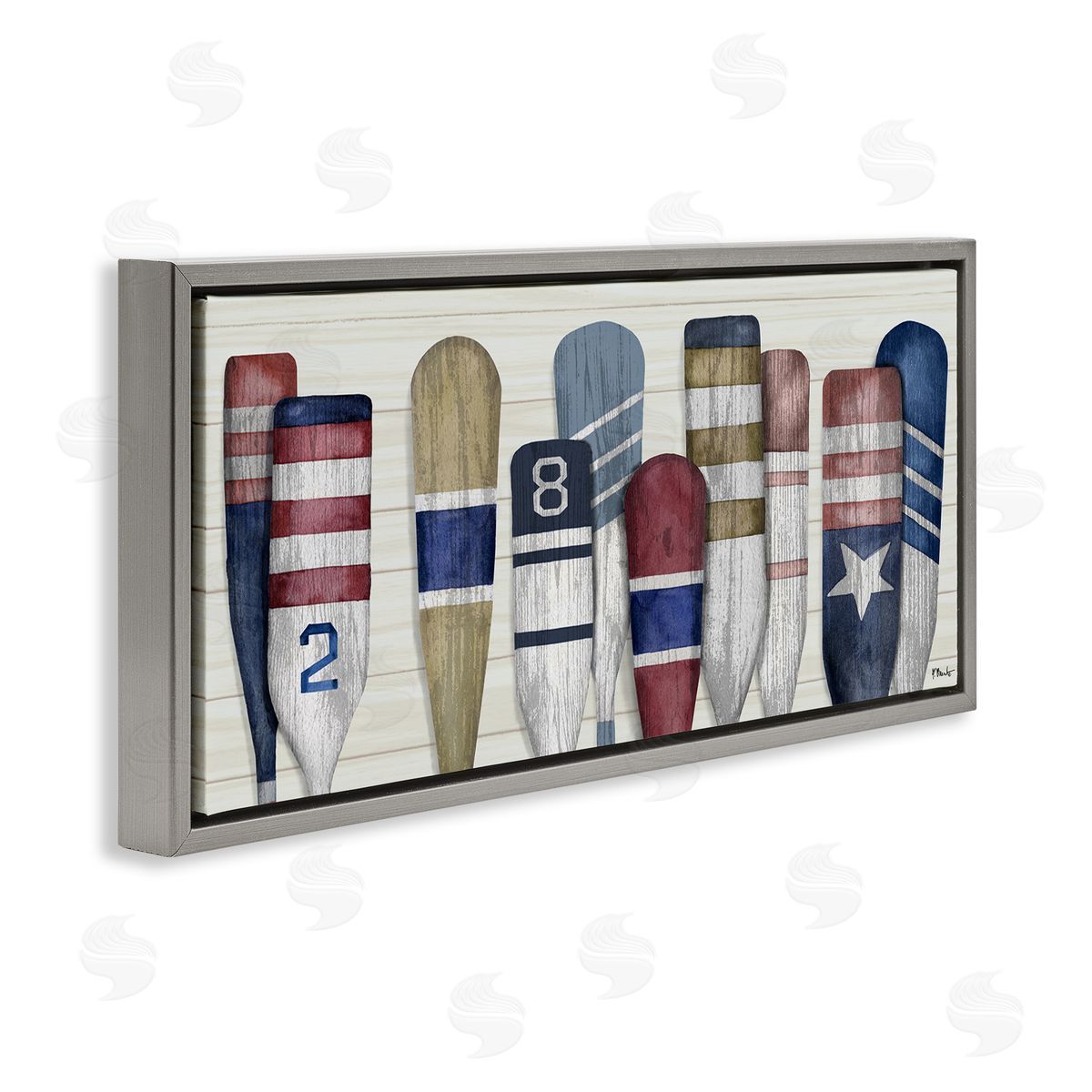 Port Oars Vintage Americana Patterns Grey Floating Frame Canvas Wall Art, Home Decor by Paul Brent