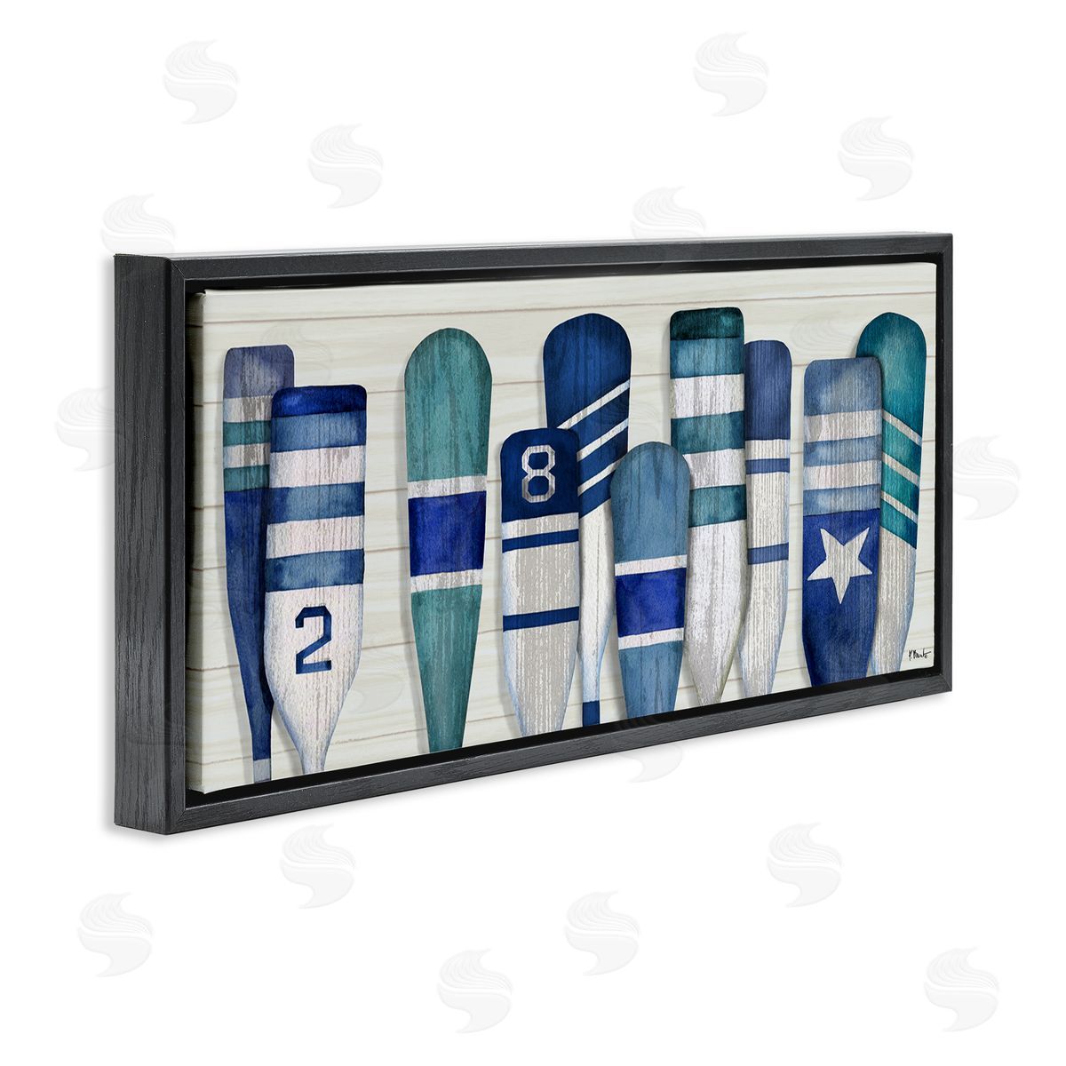 Port Oars Nautical Blue Patterns Black Floating Frame Canvas Wall Art, Home Decor by Paul Brent