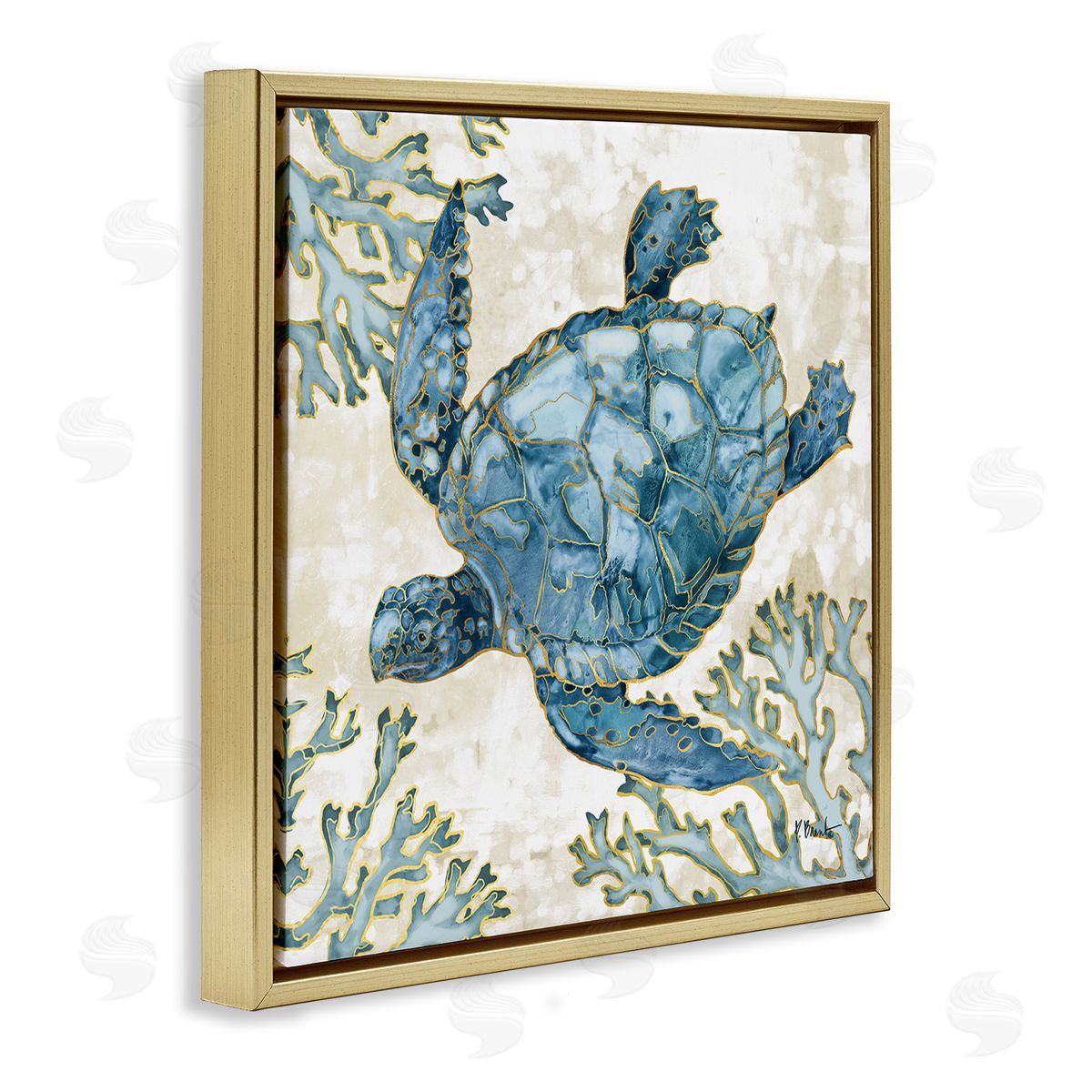 Paul Brent Playa Sealife Blue Sea Turtle Gold Floating Frame Canvas Wall Art Print