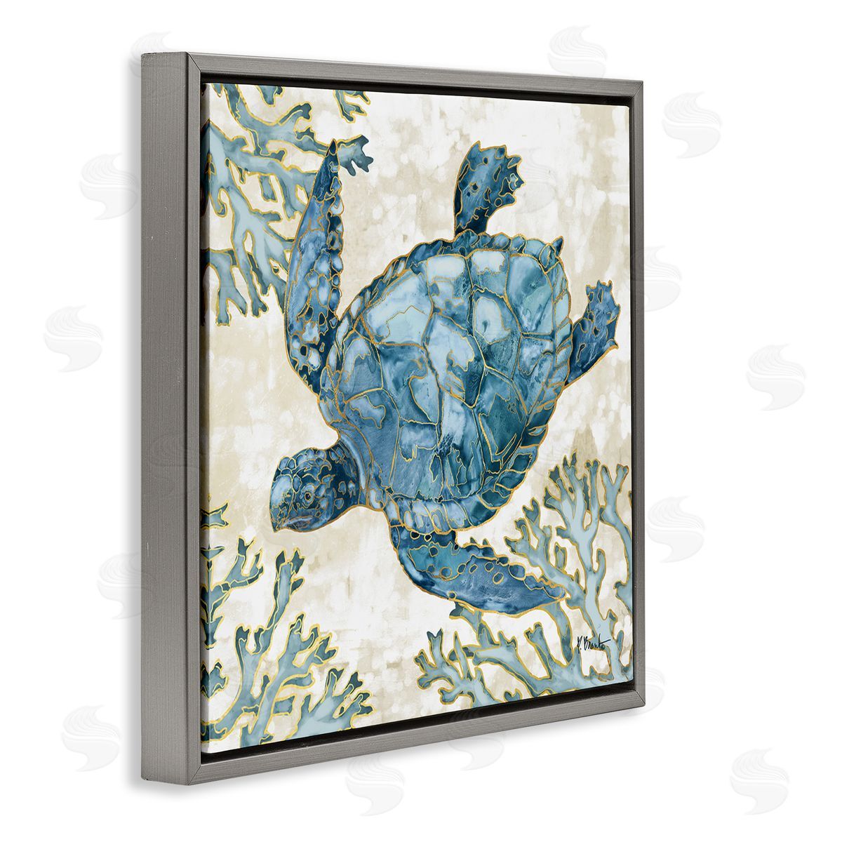 Paul Brent Playa Sealife Blue Sea Turtle Gray Floating Frame Canvas Wall Art Print