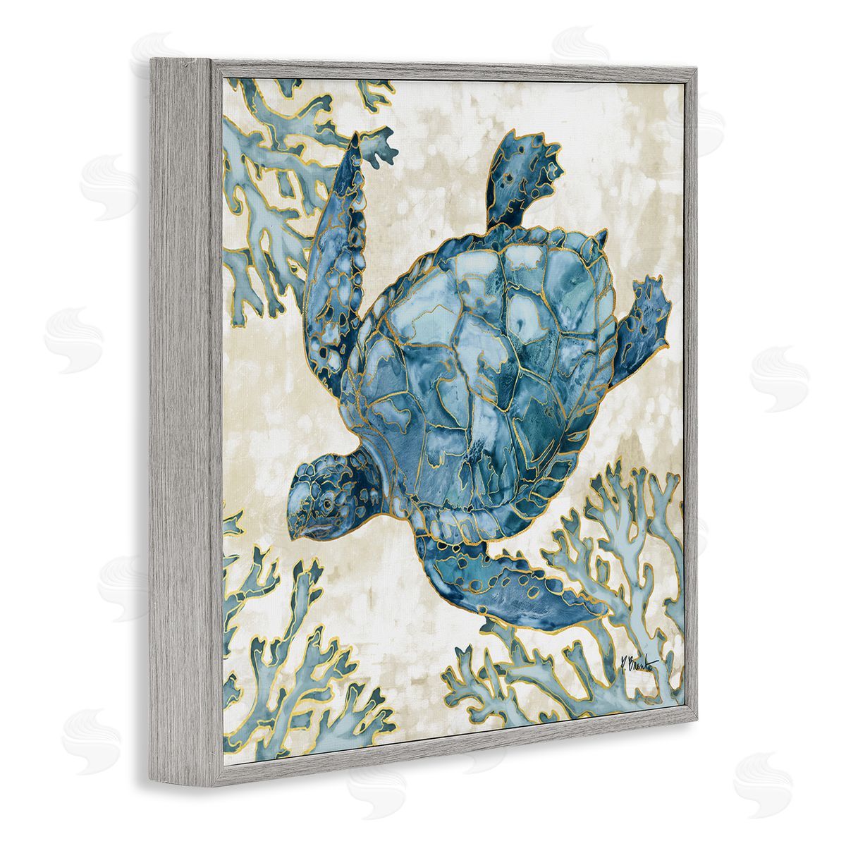 Paul Brent Playa Sealife Blue Sea Turtle Gray Framed Glicee Wall Art Print