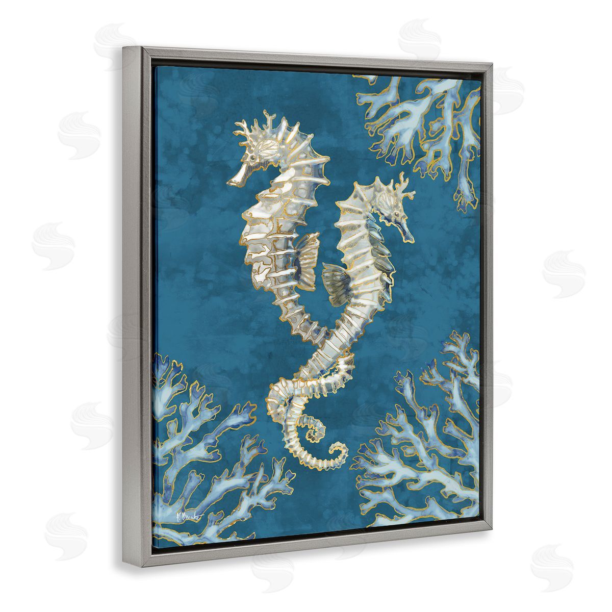 Intertwined Seahorses Playa Sealife Grey Floating Frame Canvas Wall Art, Home Decor by Paul Brent