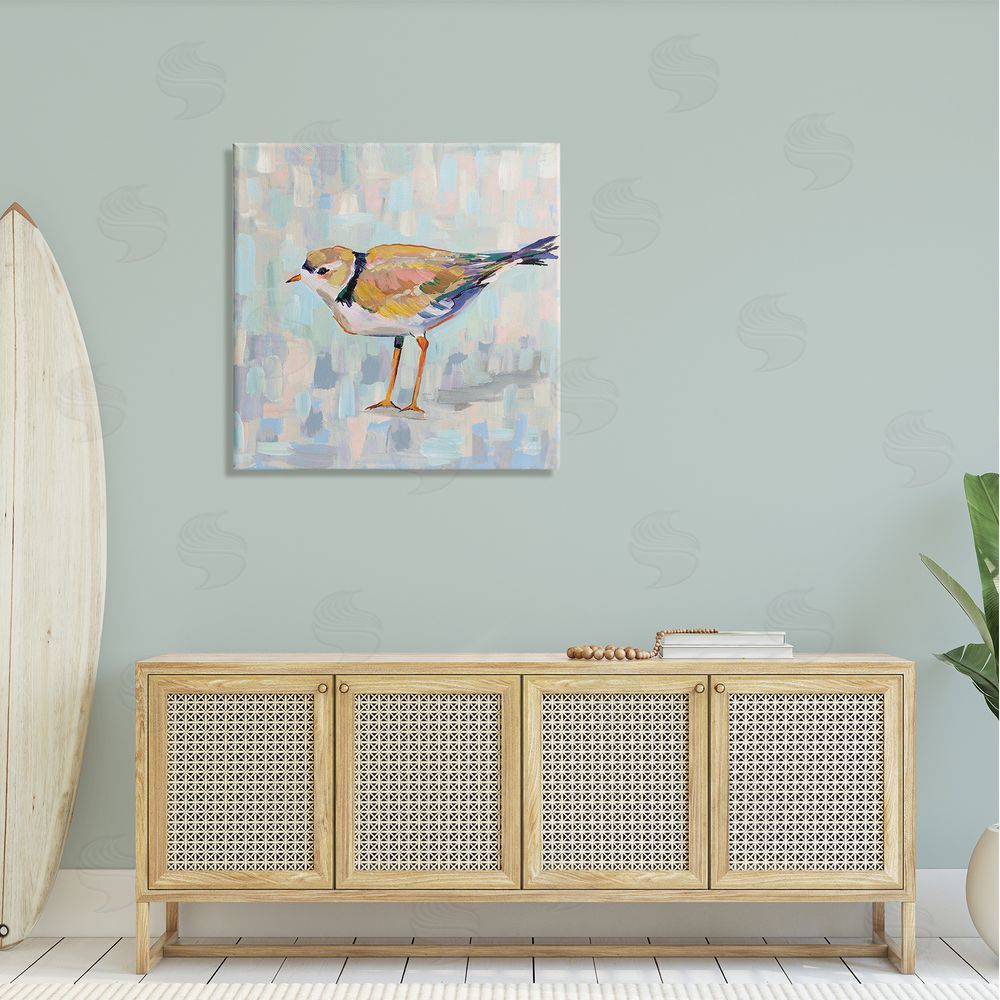 Jeanette Vertentes Coastal Plover Abstract Patchwork Bird Canvas Wall Art in Room