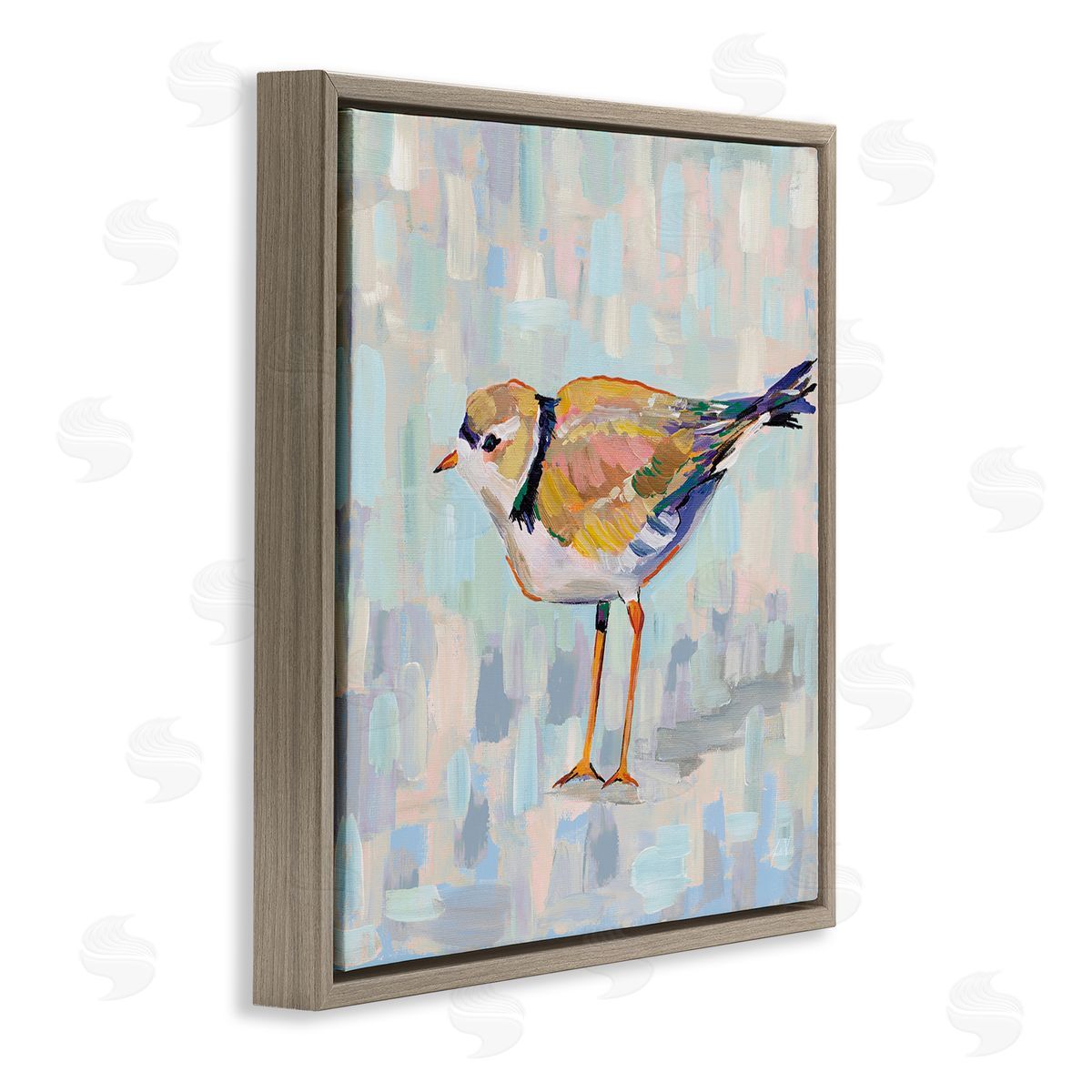 Jeanette Vertentes Coastal Plover Abstract Patchwork Bird Brown Floating Frame Canvas Wall Art Print