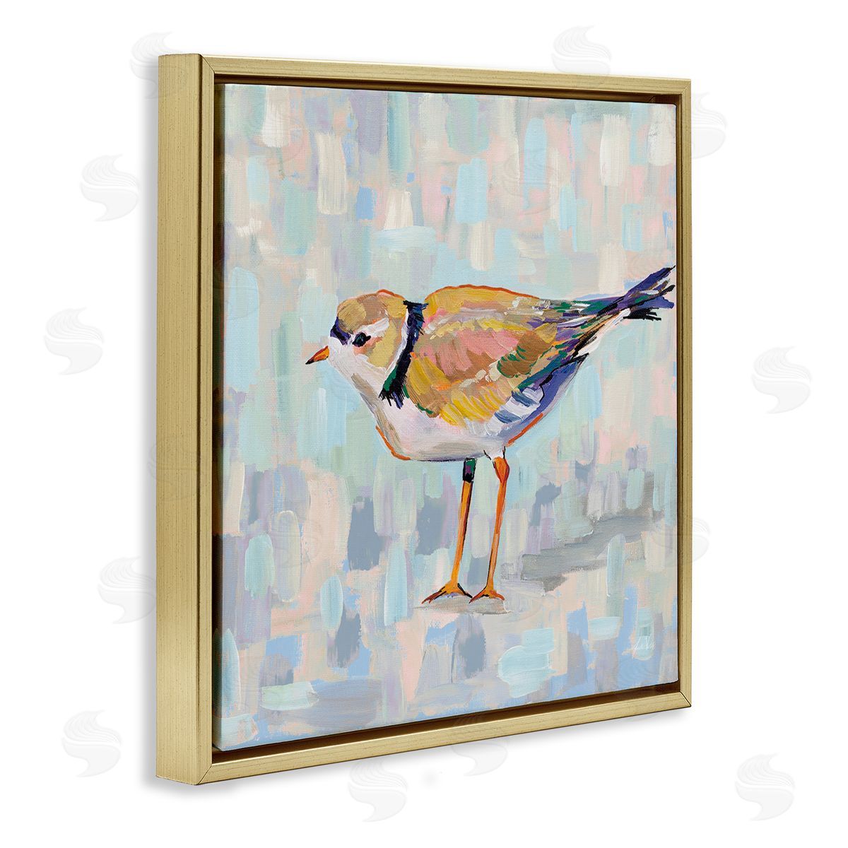Jeanette Vertentes Coastal Plover Abstract Patchwork Bird Gold Floating Frame Canvas Wall Art Print