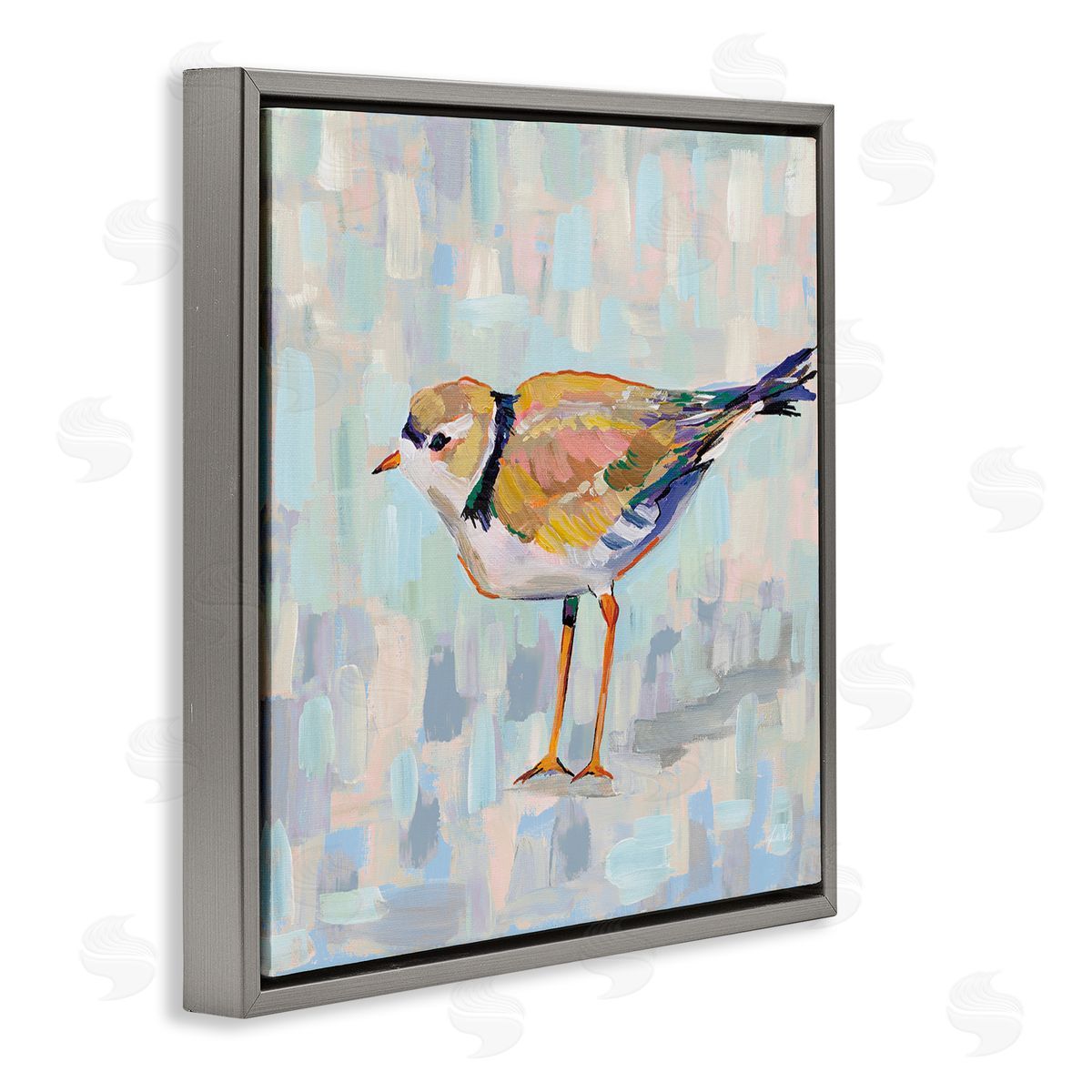Jeanette Vertentes Coastal Plover Abstract Patchwork Bird Gray Floating Frame Canvas Wall Art Print