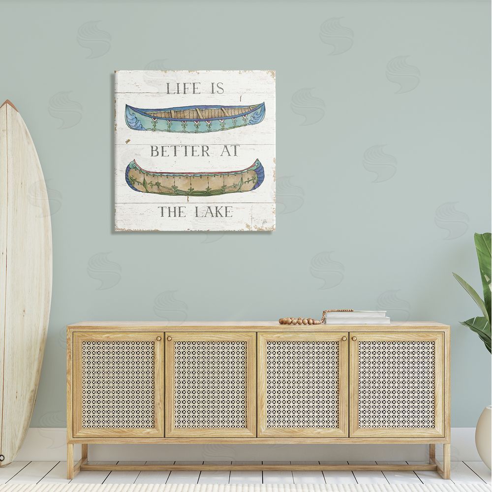Daphne Brissonnet Life Better at Lake Weathered Canoes Canvas Wall Art in Room
