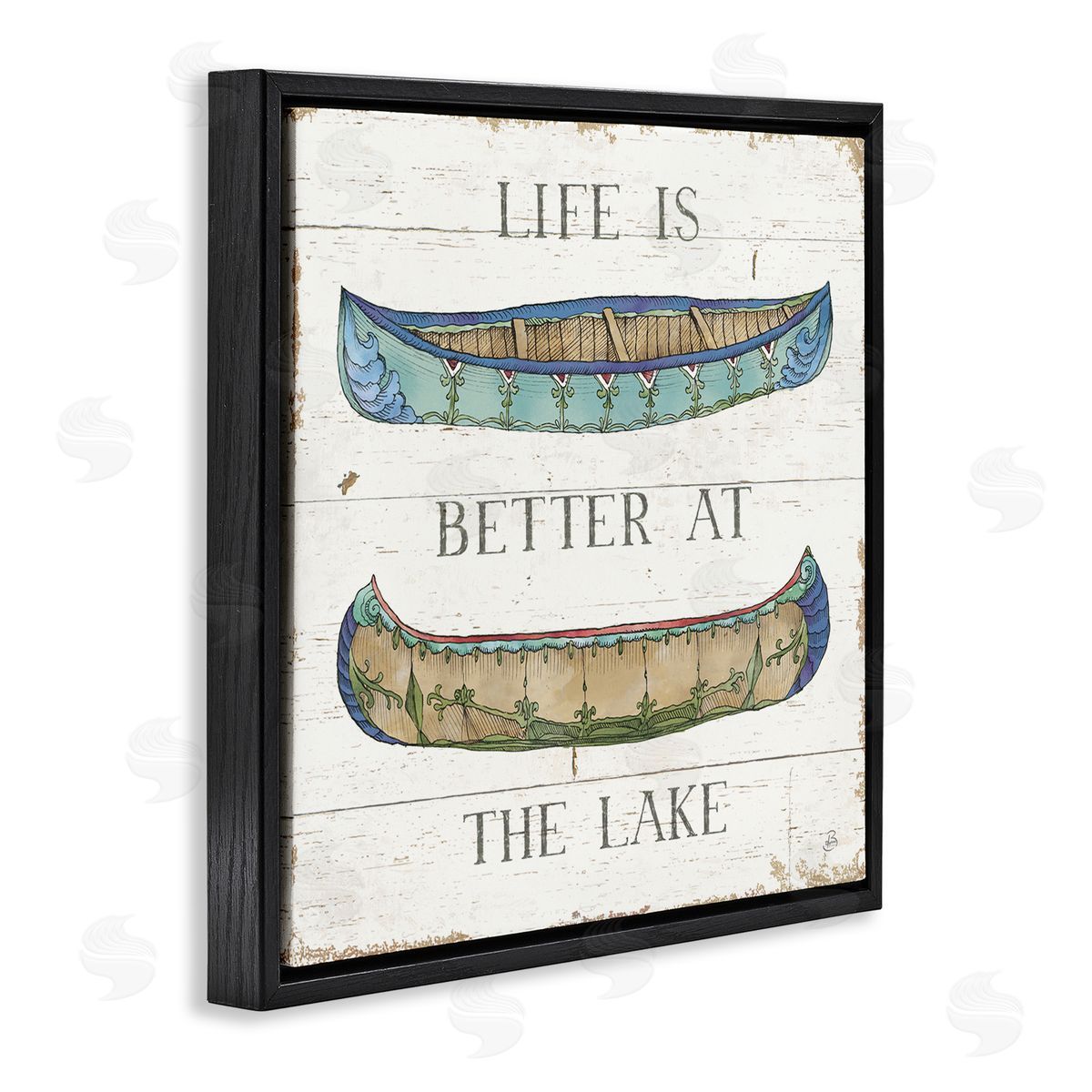 Daphne Brissonnet Life Better at Lake Weathered Canoes Black Floating Frame Canvas Wall Art Print