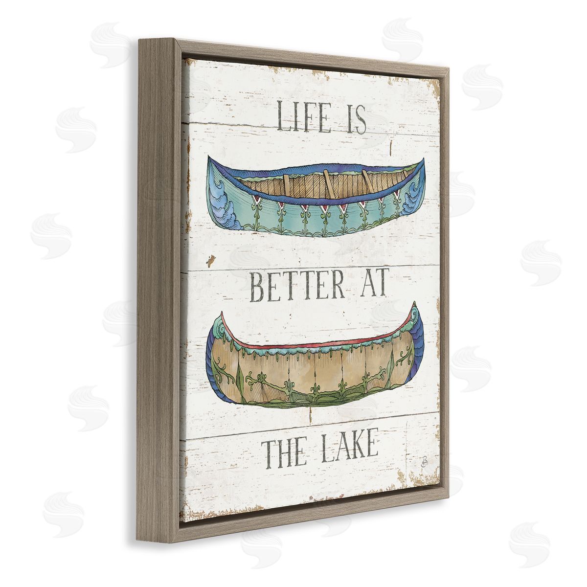 Daphne Brissonnet Life Better at Lake Weathered Canoes Brown Floating Frame Canvas Wall Art Print