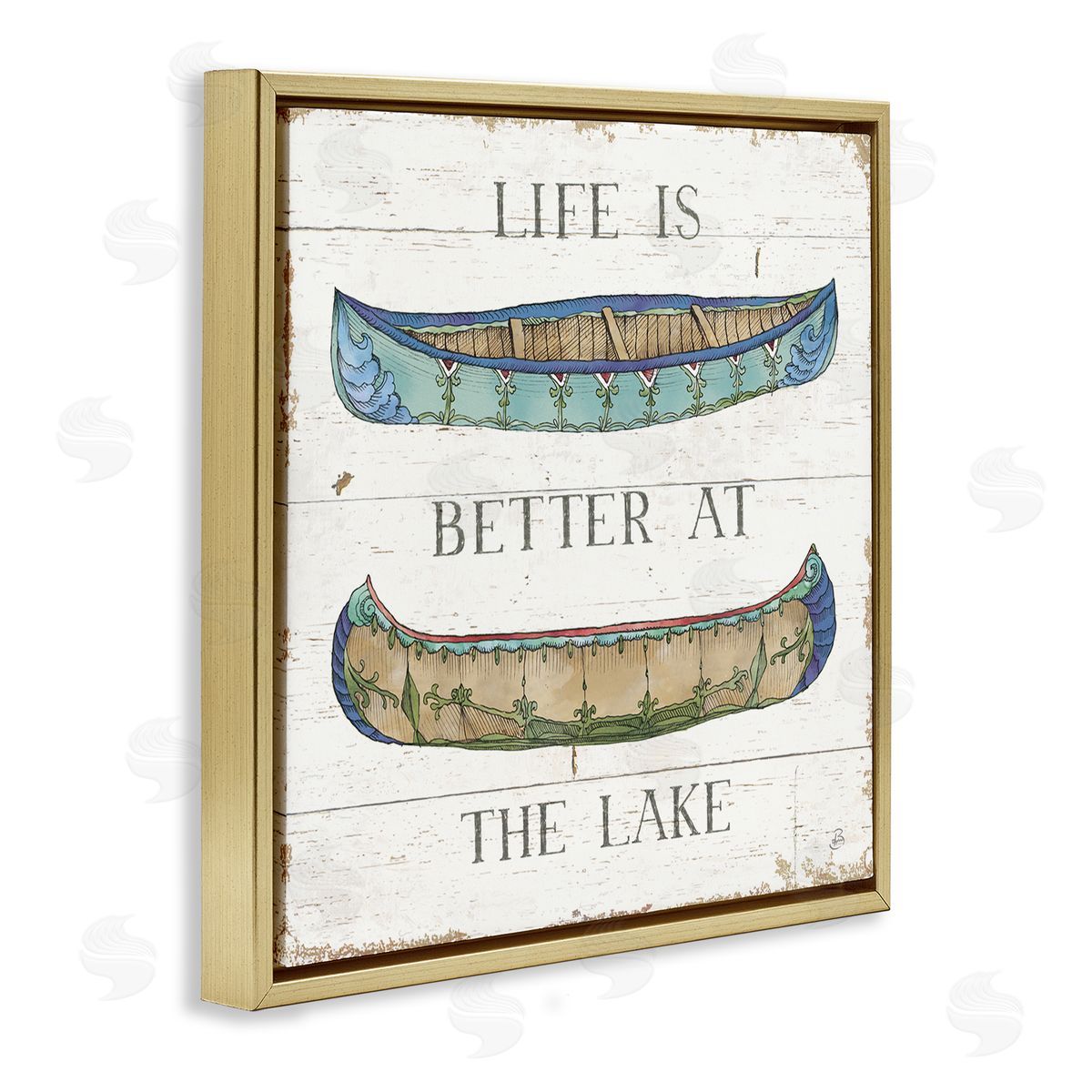 Daphne Brissonnet Life Better at Lake Weathered Canoes Gold Floating Frame Canvas Wall Art Print