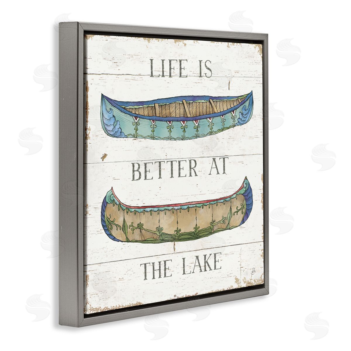 Daphne Brissonnet Life Better at Lake Weathered Canoes Gray Floating Frame Canvas Wall Art Print