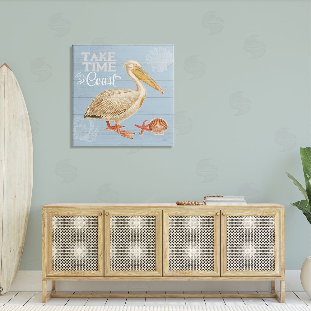Katie Pertiet Time To Coast Nautical Pun Pelican Canvas Wall Art in Room