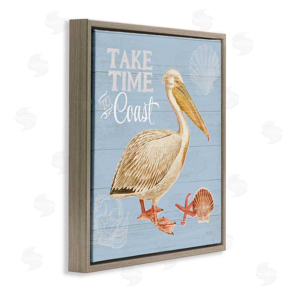 Katie Pertiet Time To Coast Nautical Pun Pelican Brown Floating Frame Canvas Wall Art Print