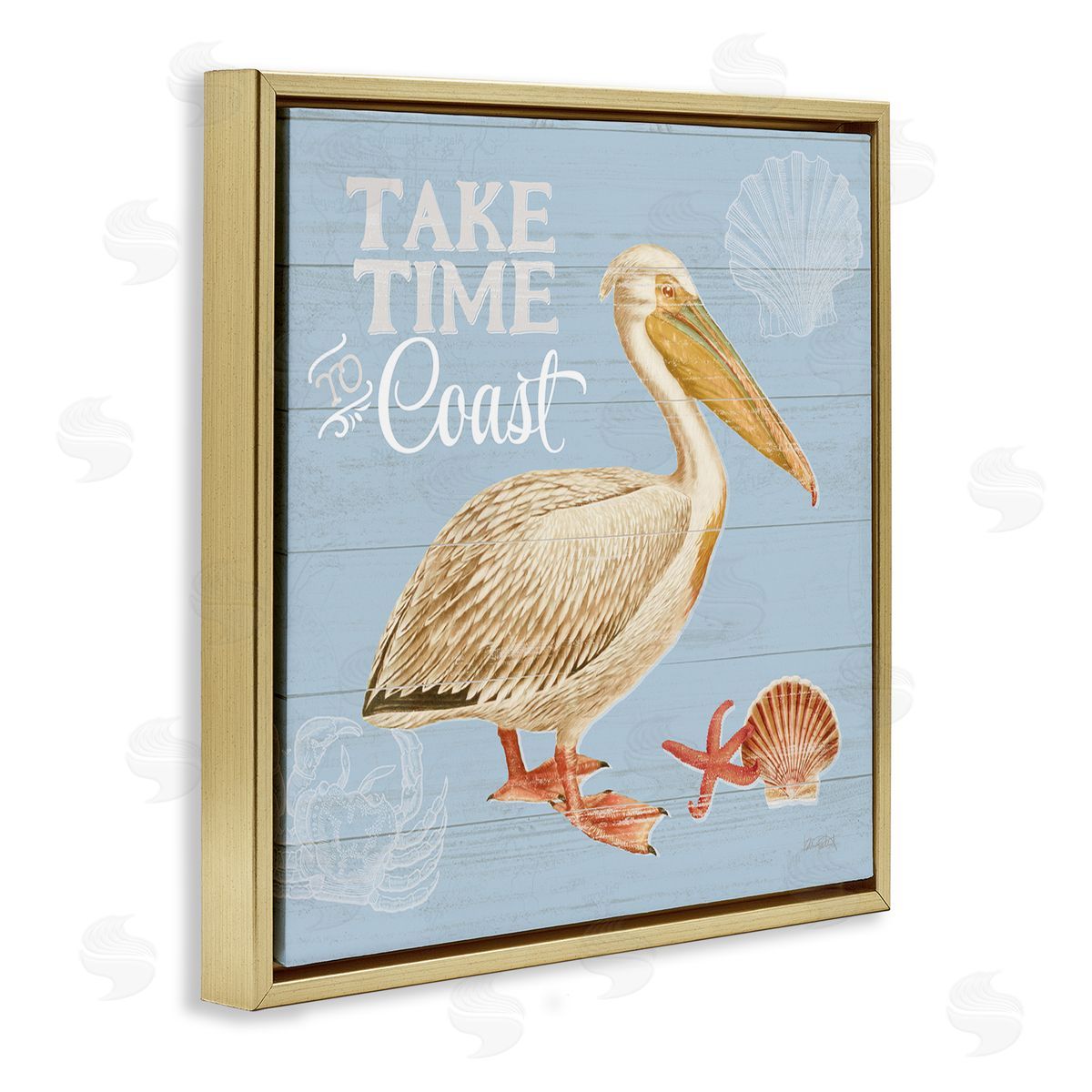 Katie Pertiet Time To Coast Nautical Pun Pelican Gold Floating Frame Canvas Wall Art Print