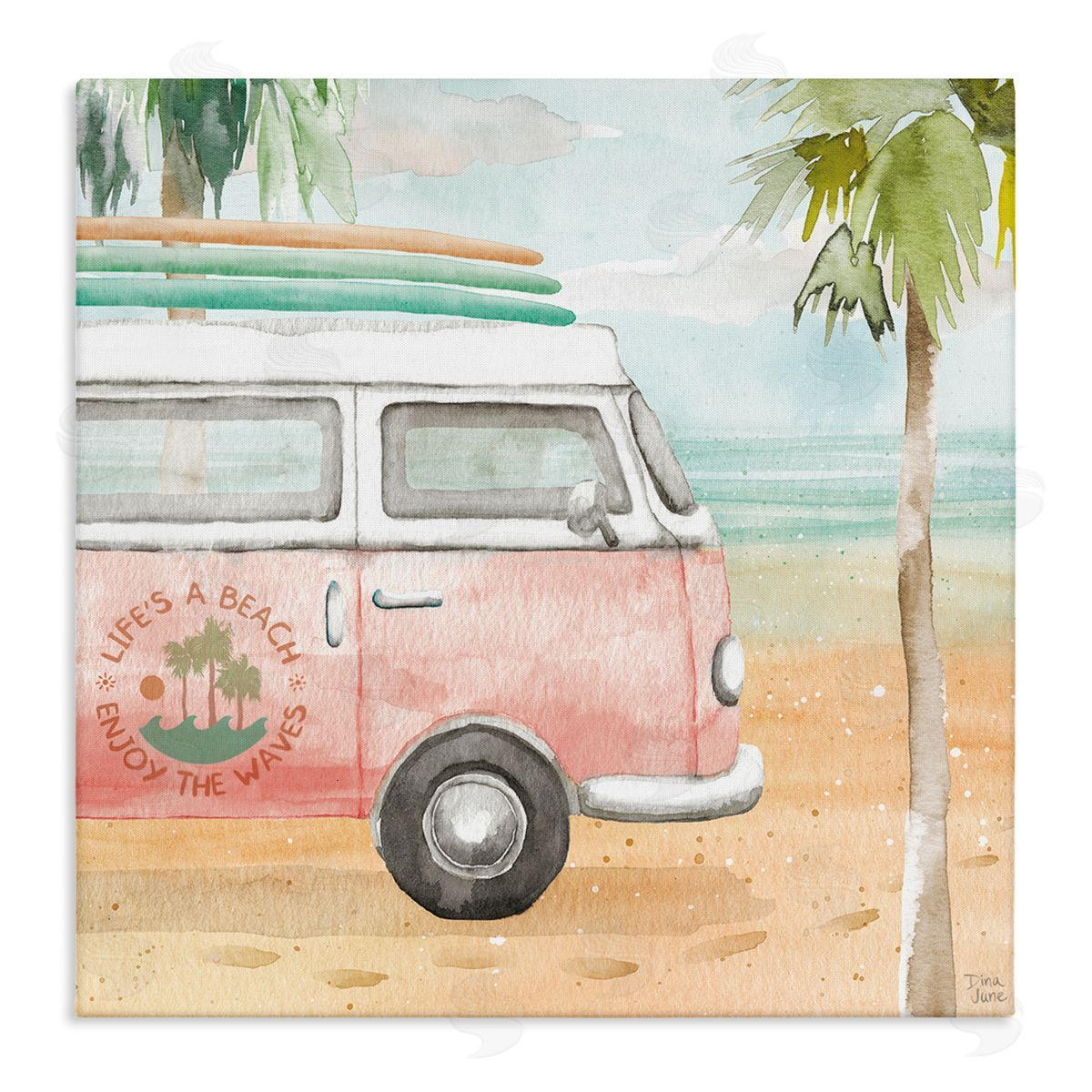 Dina June Life's a Beach Pink Surf Van Stretched Canvas Wall Art Print