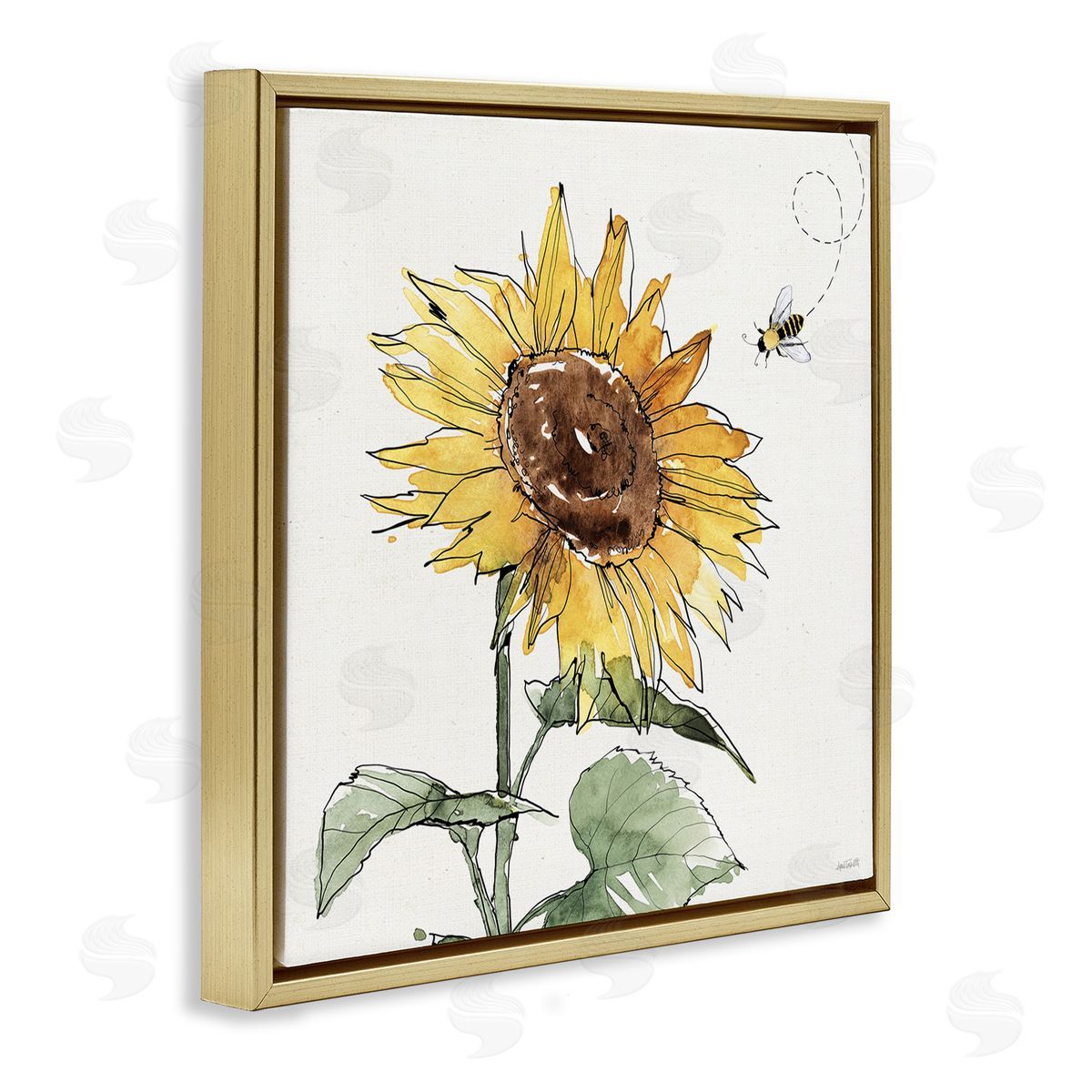 Cheerful Sunflower Buzzing Bee Gold Floating Frame Canvas Wall Art, Home Decor by Anne Tavoletti