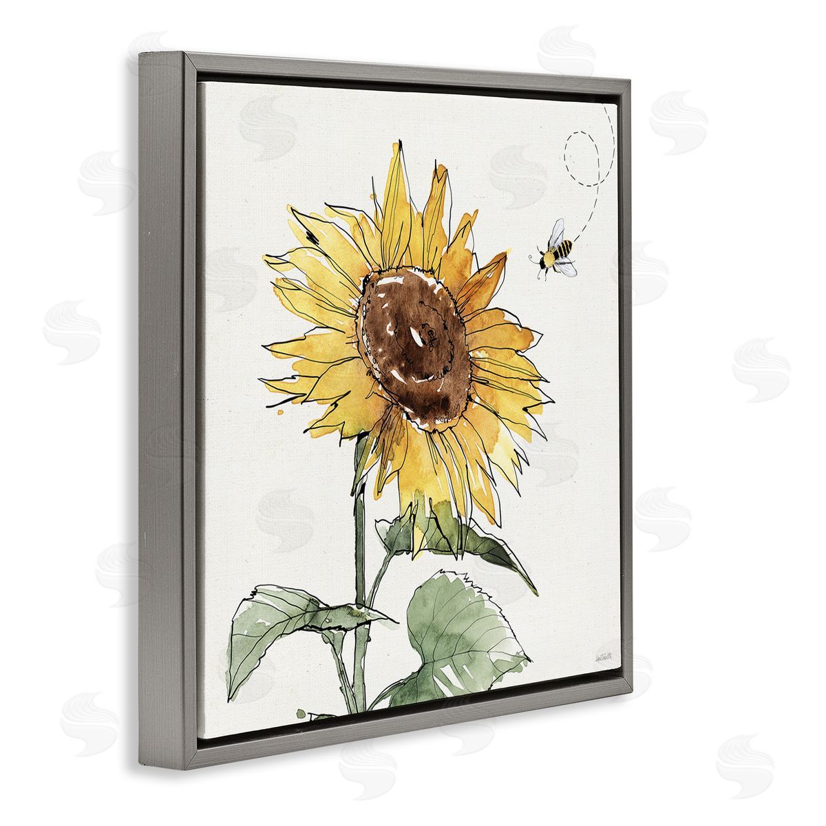 Cheerful Sunflower Buzzing Bee Grey Floating Frame Canvas Wall Art, Home Decor by Anne Tavoletti