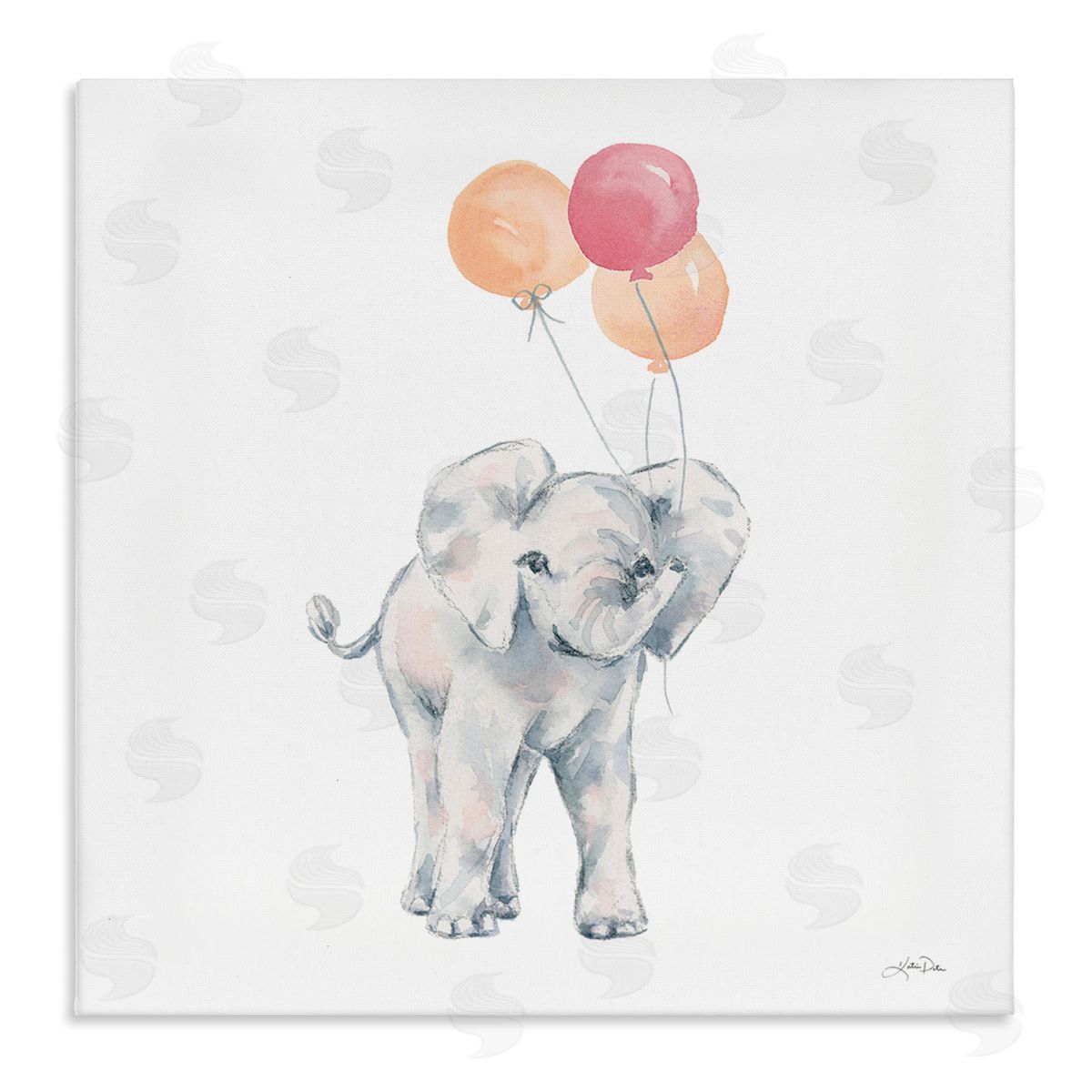 Katrina Pete Smiling Elephant Orange Balloons Stretched Canvas Wall Art Print