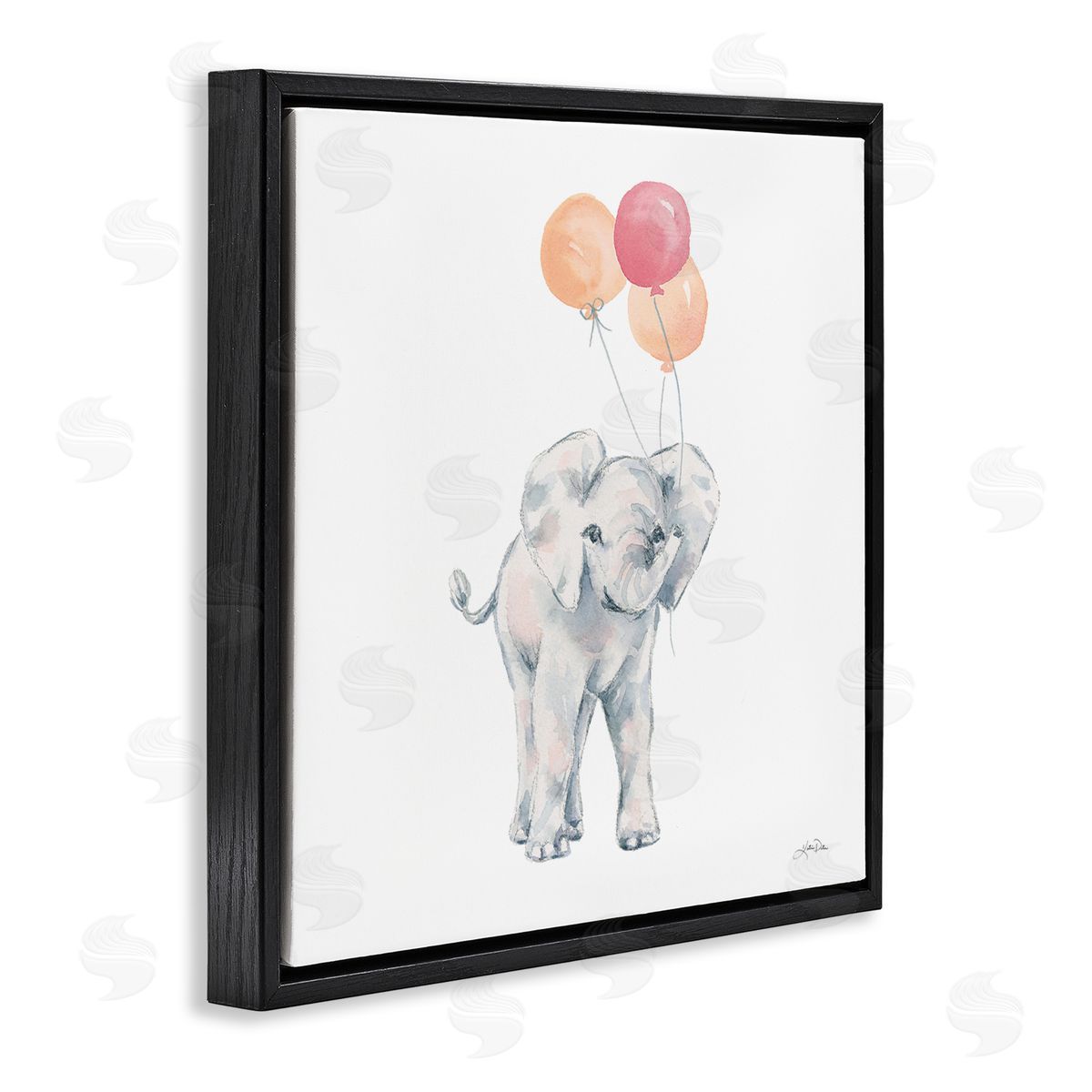 Katrina Pete Smiling Elephant Orange Balloons Black Floating Frame Canvas Wall Art Print