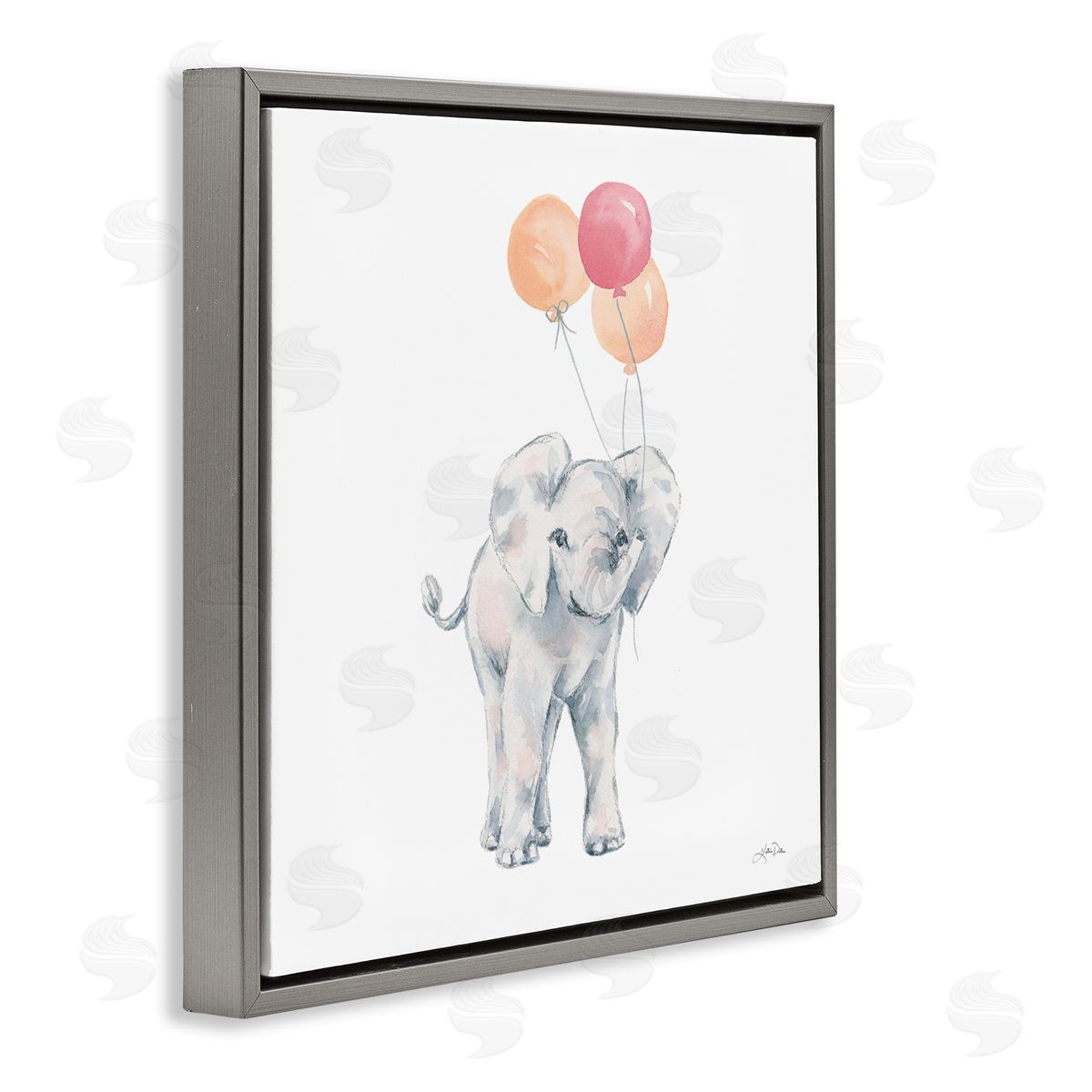 Katrina Pete Smiling Elephant Orange Balloons Gray Floating Frame Canvas Wall Art Print