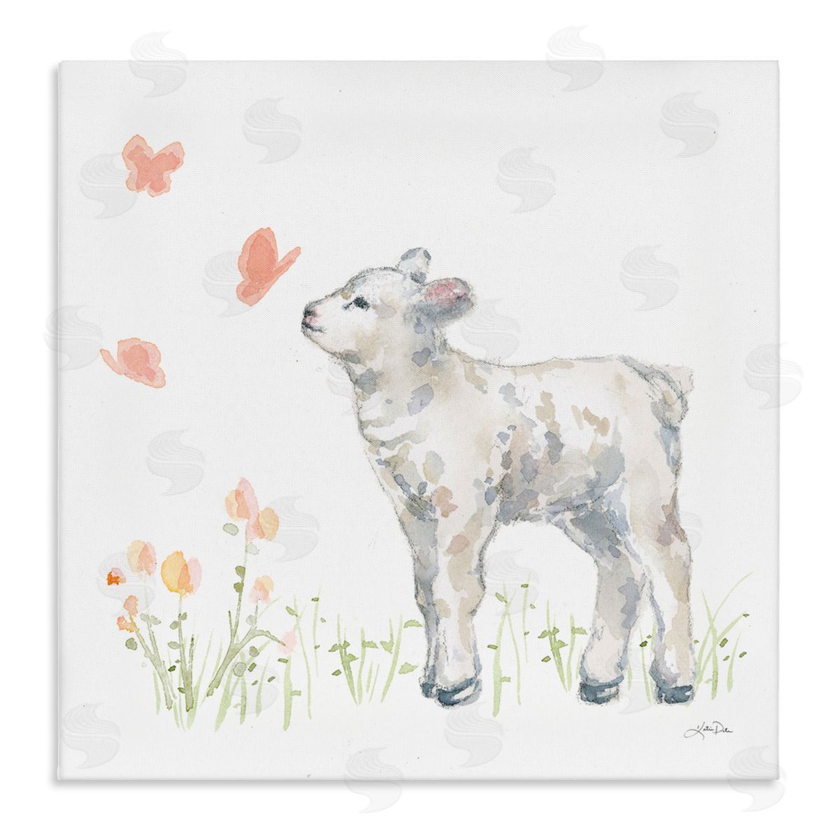 Katrina Pete Sweet Baby Lamb Butterfly Meadow Stretched Canvas Wall Art Print