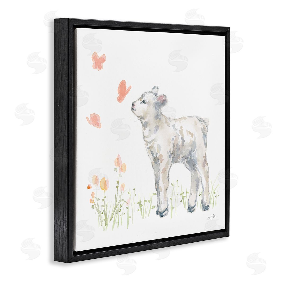 Katrina Pete Sweet Baby Lamb Butterfly Meadow Black Floating Frame Canvas Wall Art Print