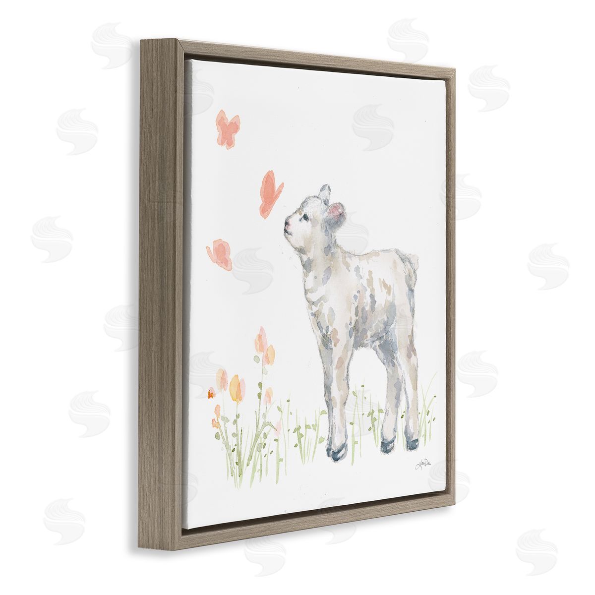 Katrina Pete Sweet Baby Lamb Butterfly Meadow Brown Floating Frame Canvas Wall Art Print