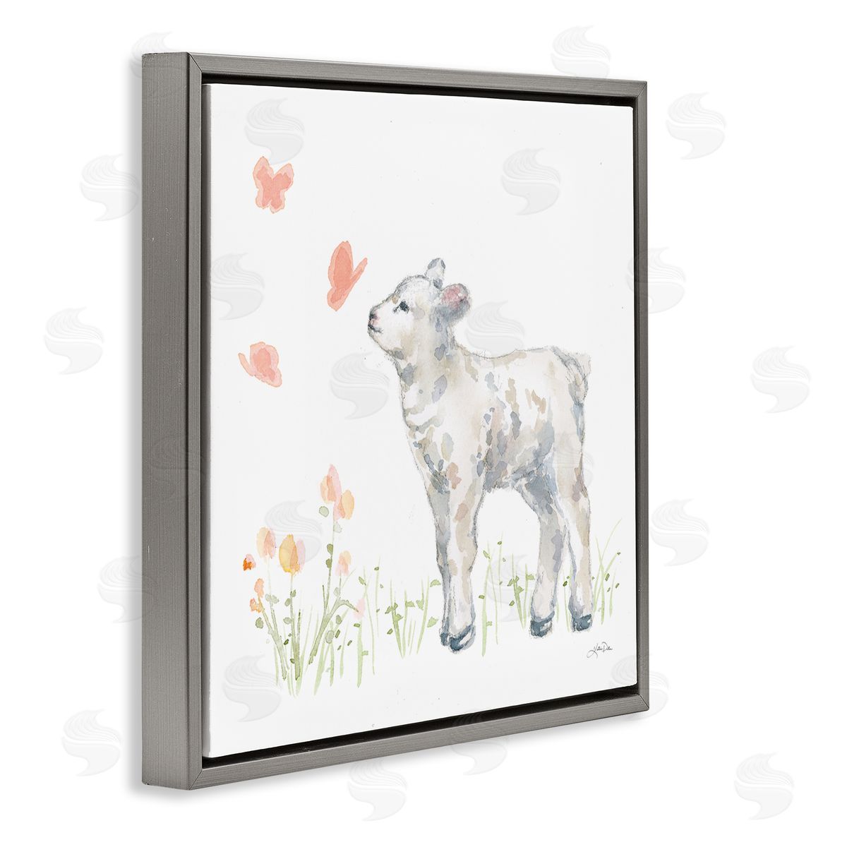 Katrina Pete Sweet Baby Lamb Butterfly Meadow Gray Floating Frame Canvas Wall Art Print
