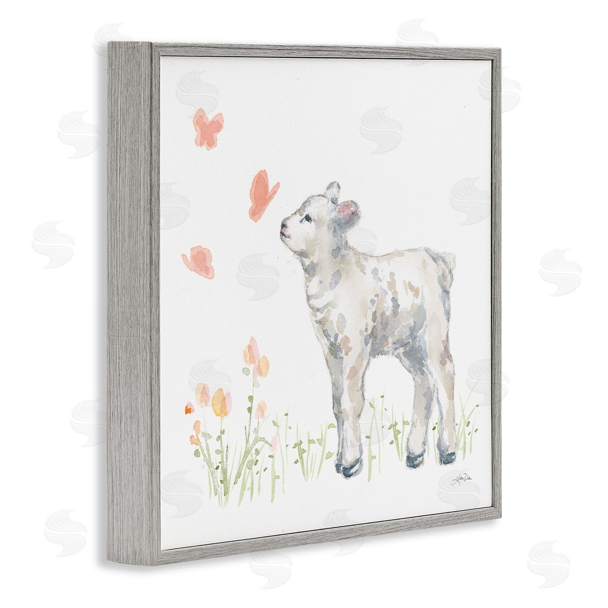 Katrina Pete Sweet Baby Lamb Butterfly Meadow Gray Framed Glicee Wall Art Print