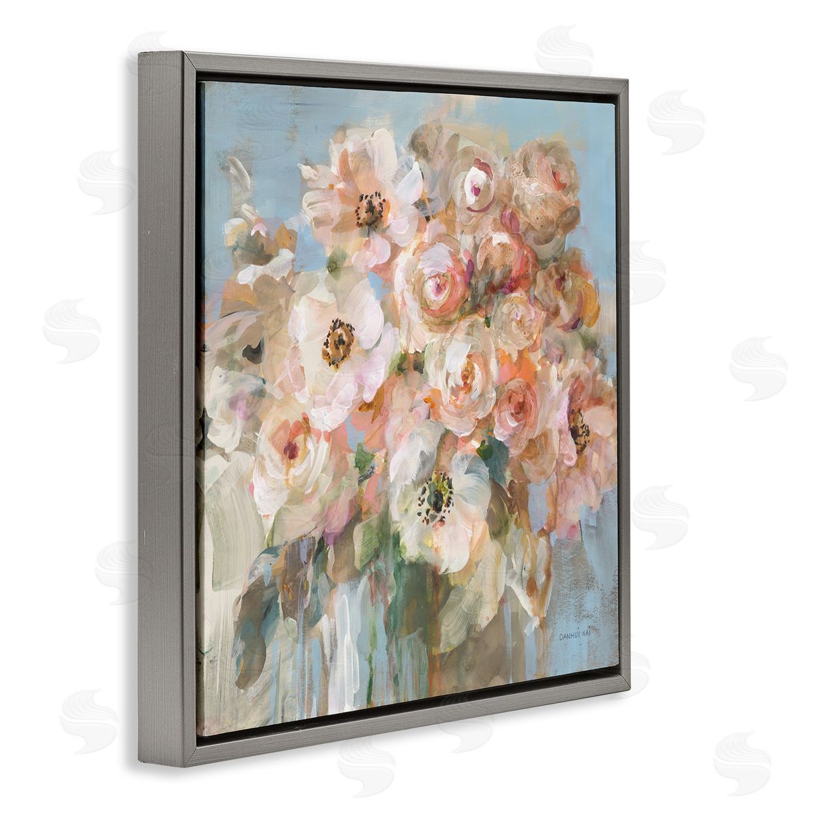 Blushing Bouquet Pink White Floral Grey Floating Frame Canvas Wall Art, Home Decor by Danhui Nai