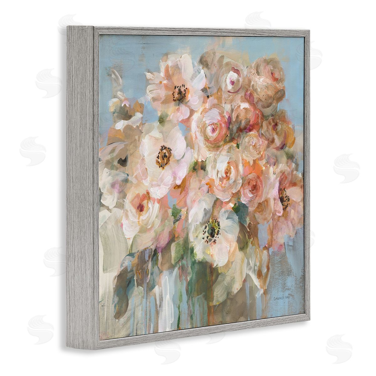 Blushing Bouquet Pink White Floral Grey Frame Print Wall Art, Home Decor by Danhui Nai