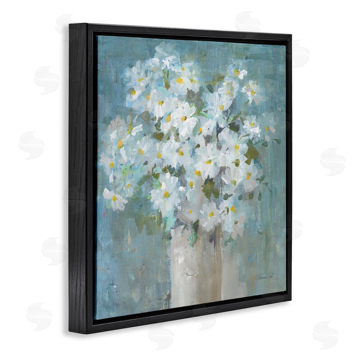 White Daisy Blooms Abstract Flowers Black Floating Frame Canvas Wall Art, Home Decor by Danhui Nai