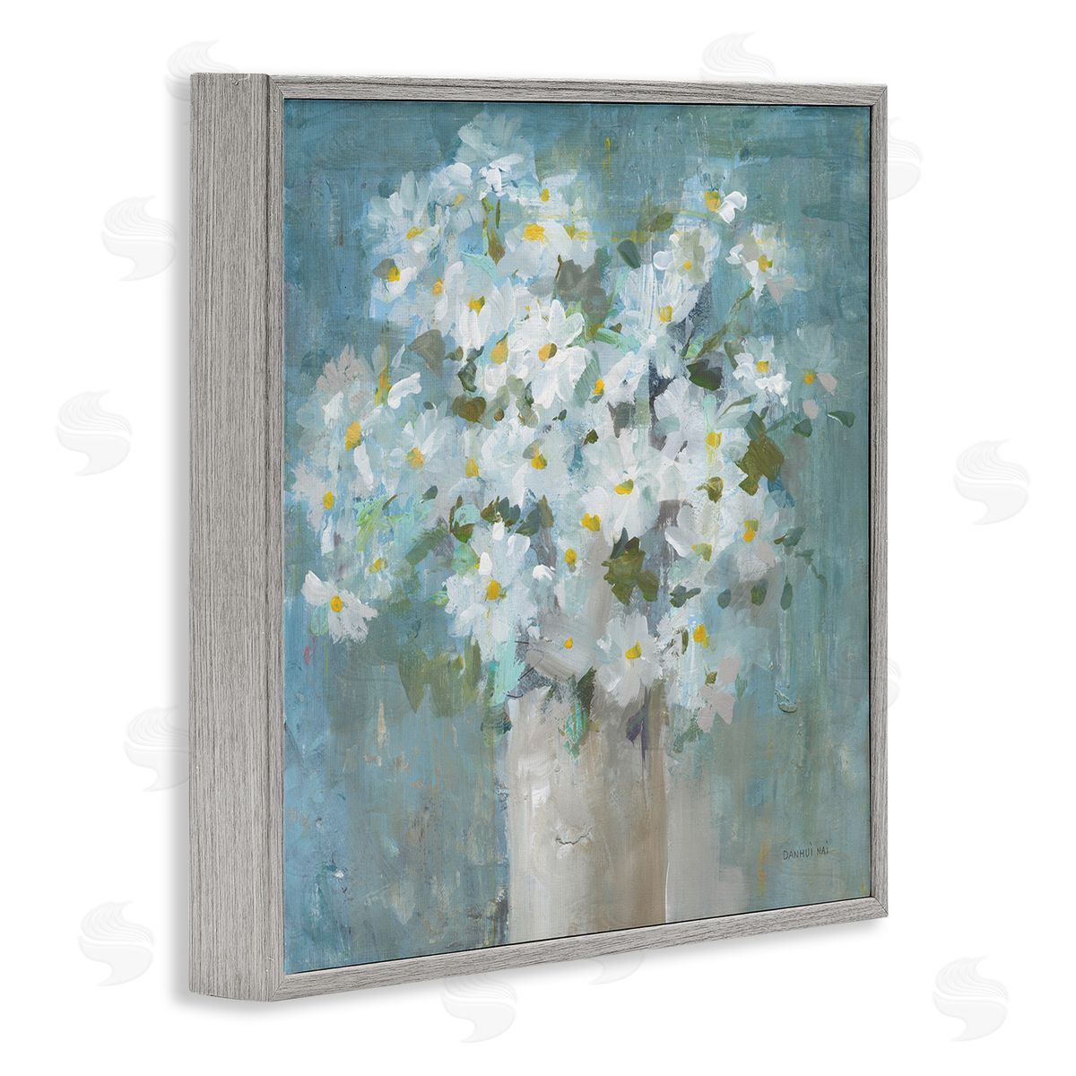 White Daisy Blooms Abstract Flowers Grey Frame Print Wall Art, Home Decor by Danhui Nai