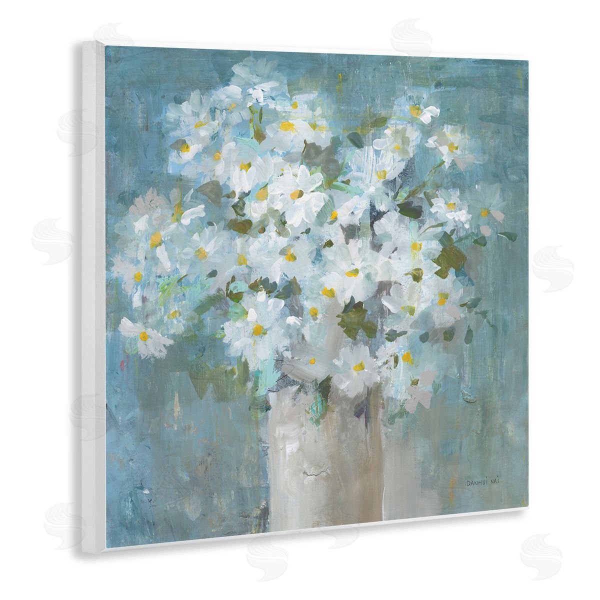 White Daisy Blooms Abstract Flowers Wood Plaque Wall Art, Home Decor by Danhui Nai