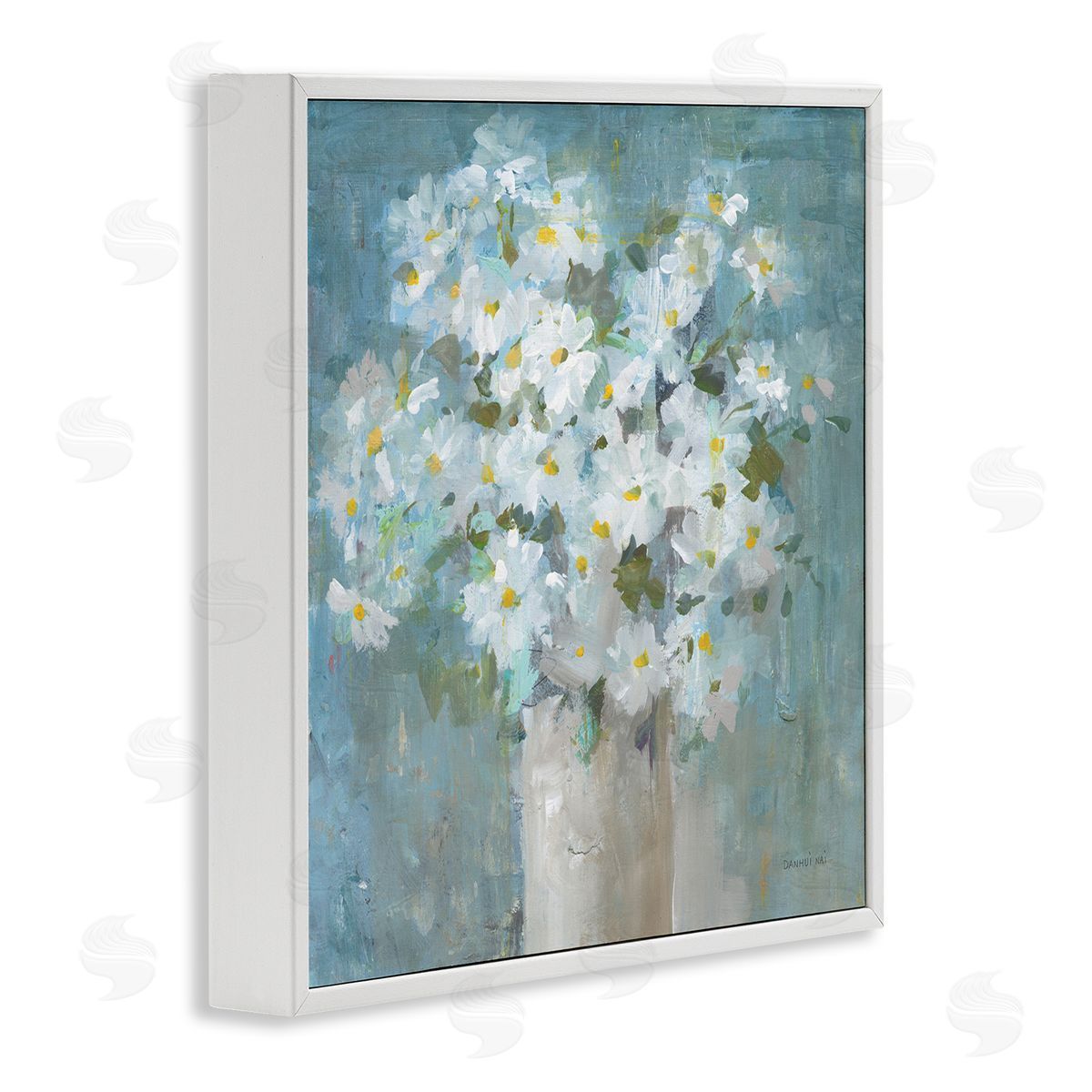 White Daisy Blooms Abstract Flowers White Frame Print Wall Art, Home Decor by Danhui Nai