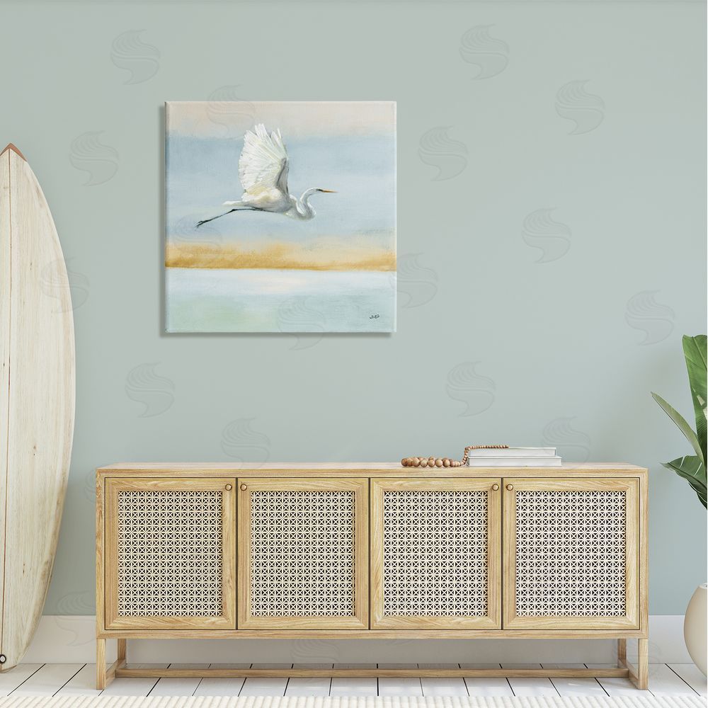 Julia Purinton Egret Bird Flying Ocean Breeze Canvas Wall Art in Room