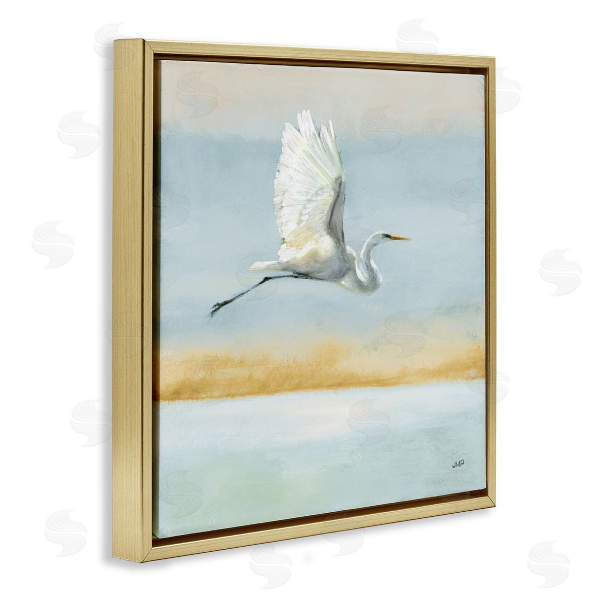 Julia Purinton Egret Bird Flying Ocean Breeze Gold Floating Frame Canvas Wall Art Print