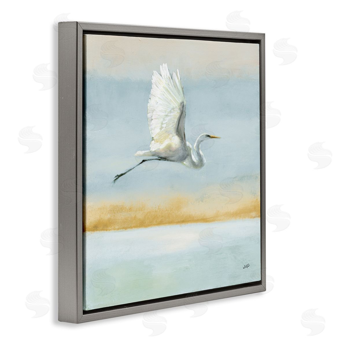 Julia Purinton Egret Bird Flying Ocean Breeze Gray Floating Frame Canvas Wall Art Print