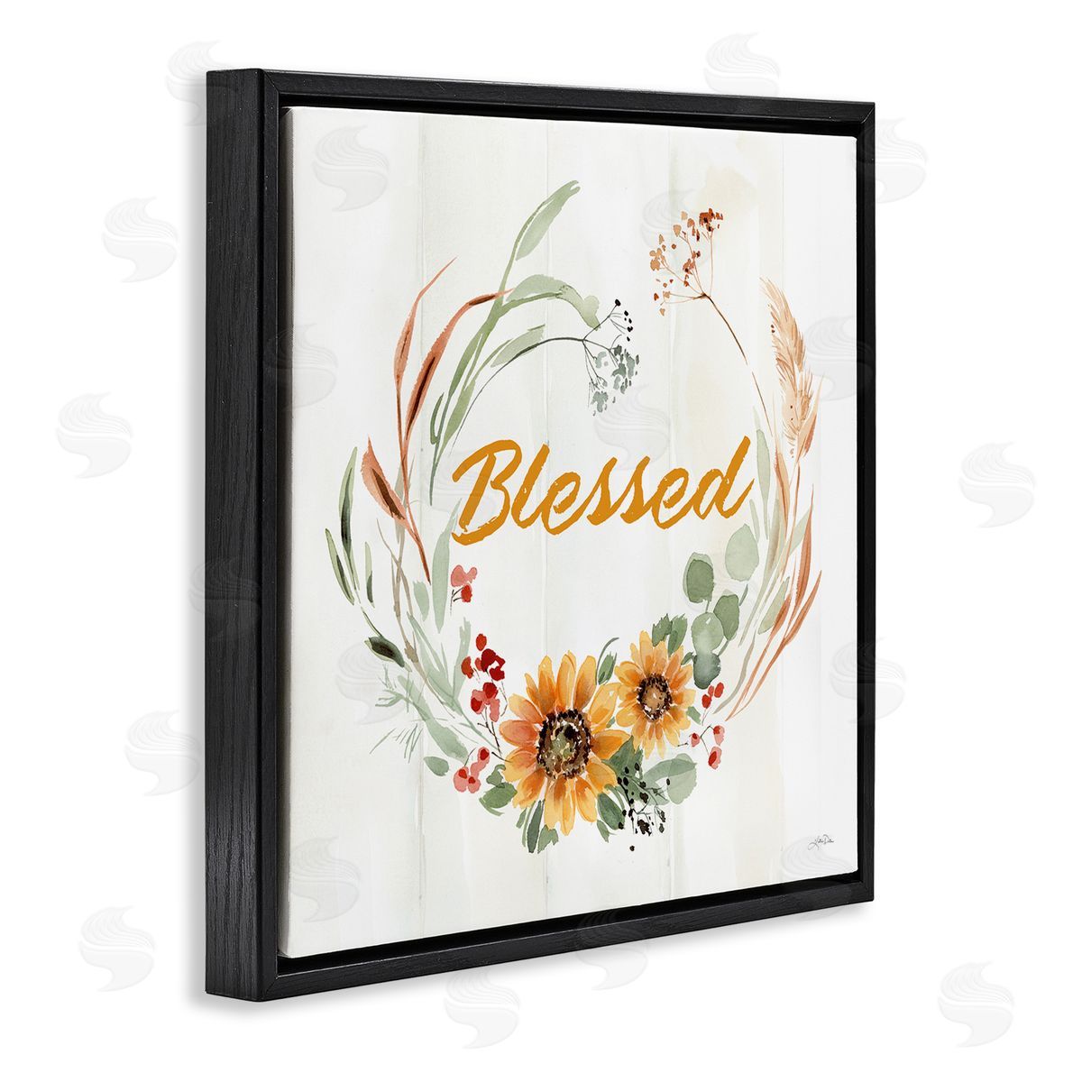 Katrina Pete Blessed Farmhouse Wreath Phrase Black Floating Frame Canvas Wall Art Print