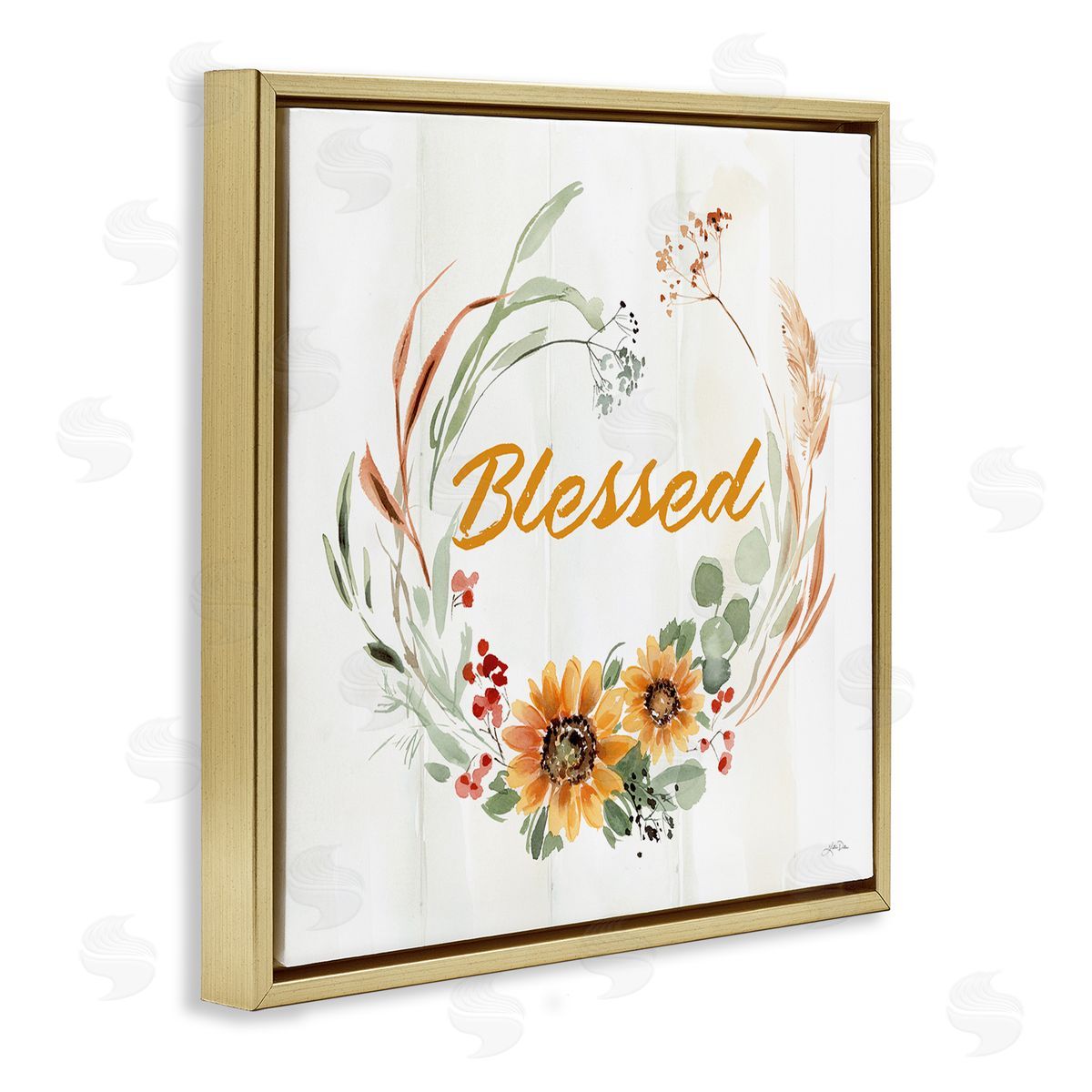 Katrina Pete Blessed Farmhouse Wreath Phrase Gold Floating Frame Canvas Wall Art Print