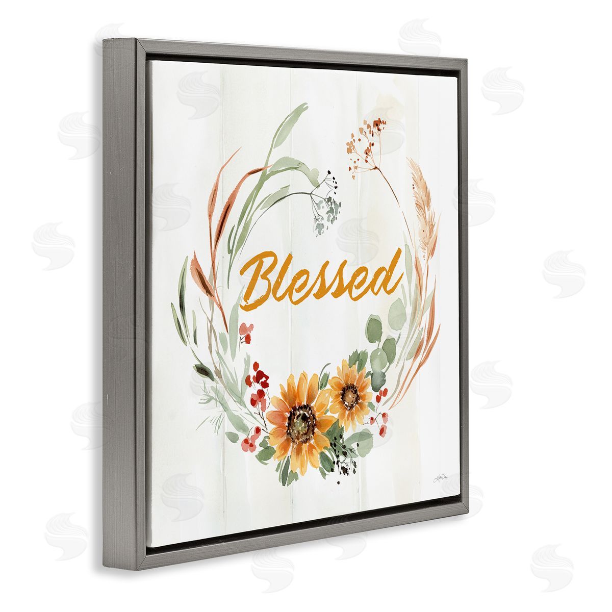 Katrina Pete Blessed Farmhouse Wreath Phrase Gray Floating Frame Canvas Wall Art Print