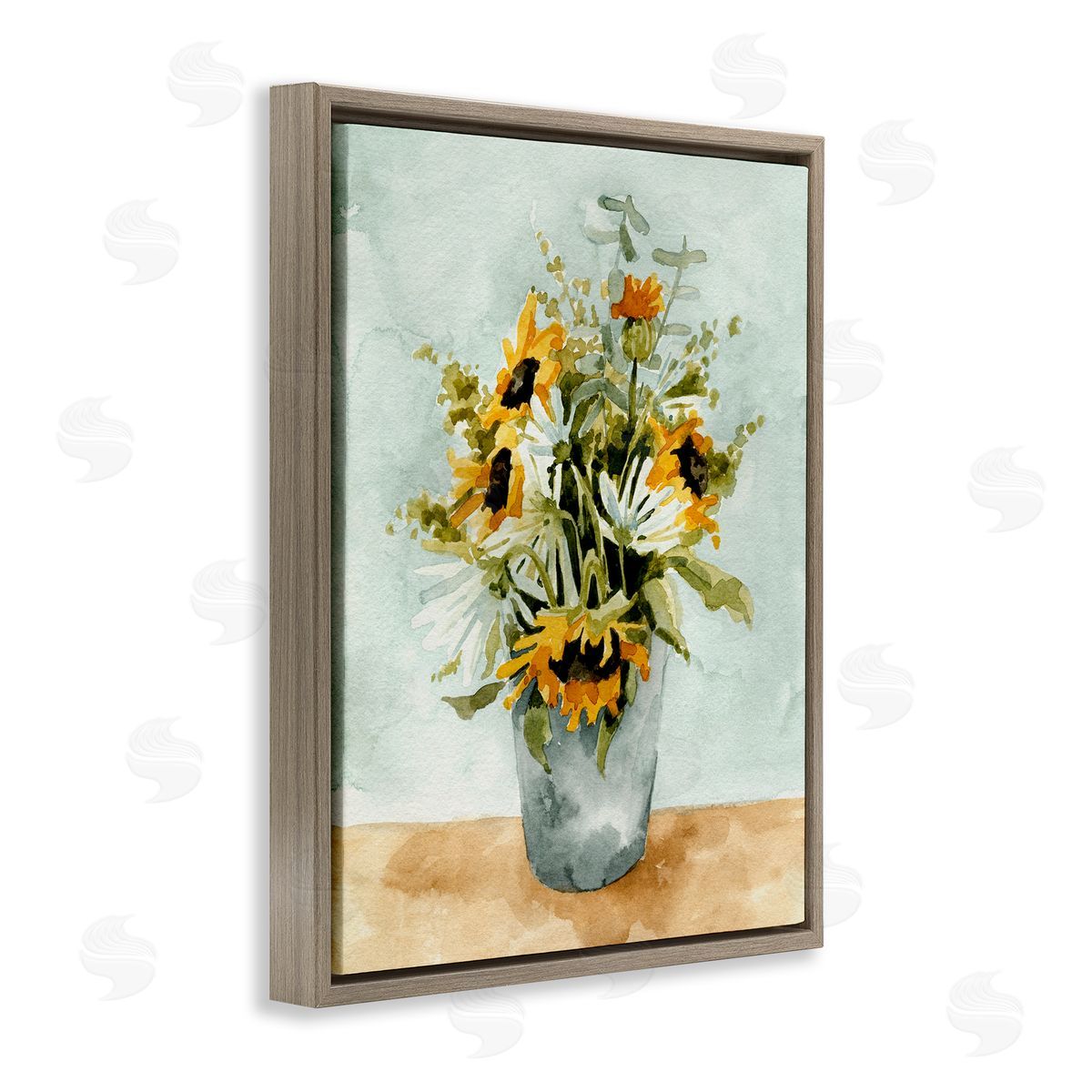 Sunflower Blossom Watercolor Detail Brown Floating Frame Canvas Wall Art, Home Decor by Emma Caroline