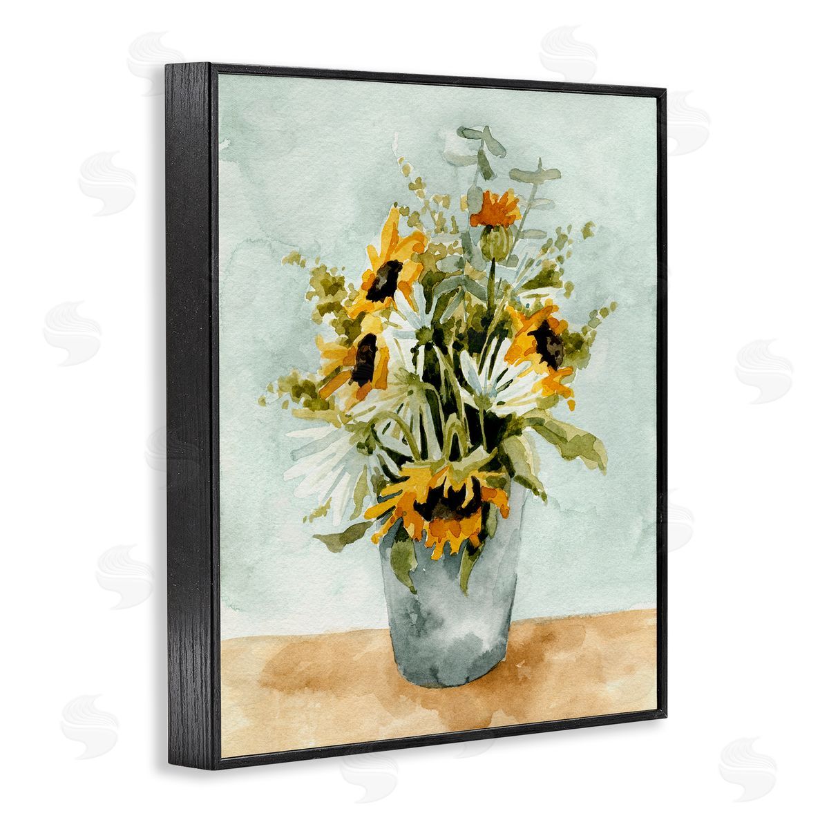 Sunflower Blossom Watercolor Detail Black Frame Print Wall Art, Home Decor by Emma Caroline
