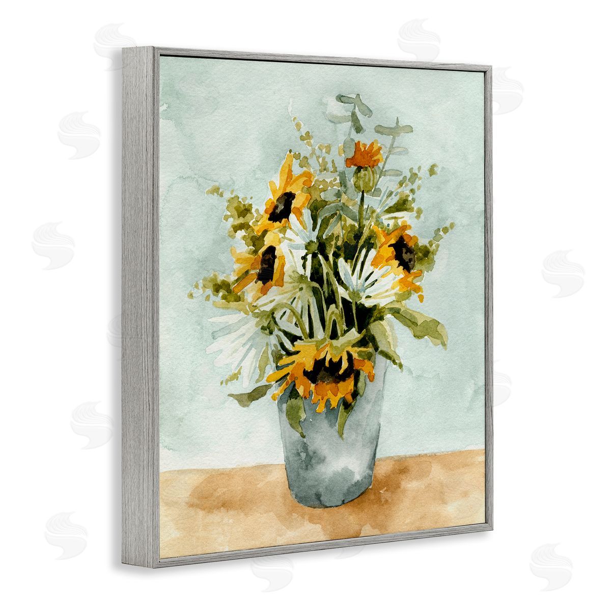 Sunflower Blossom Watercolor Detail Grey Frame Print Wall Art, Home Decor by Emma Caroline