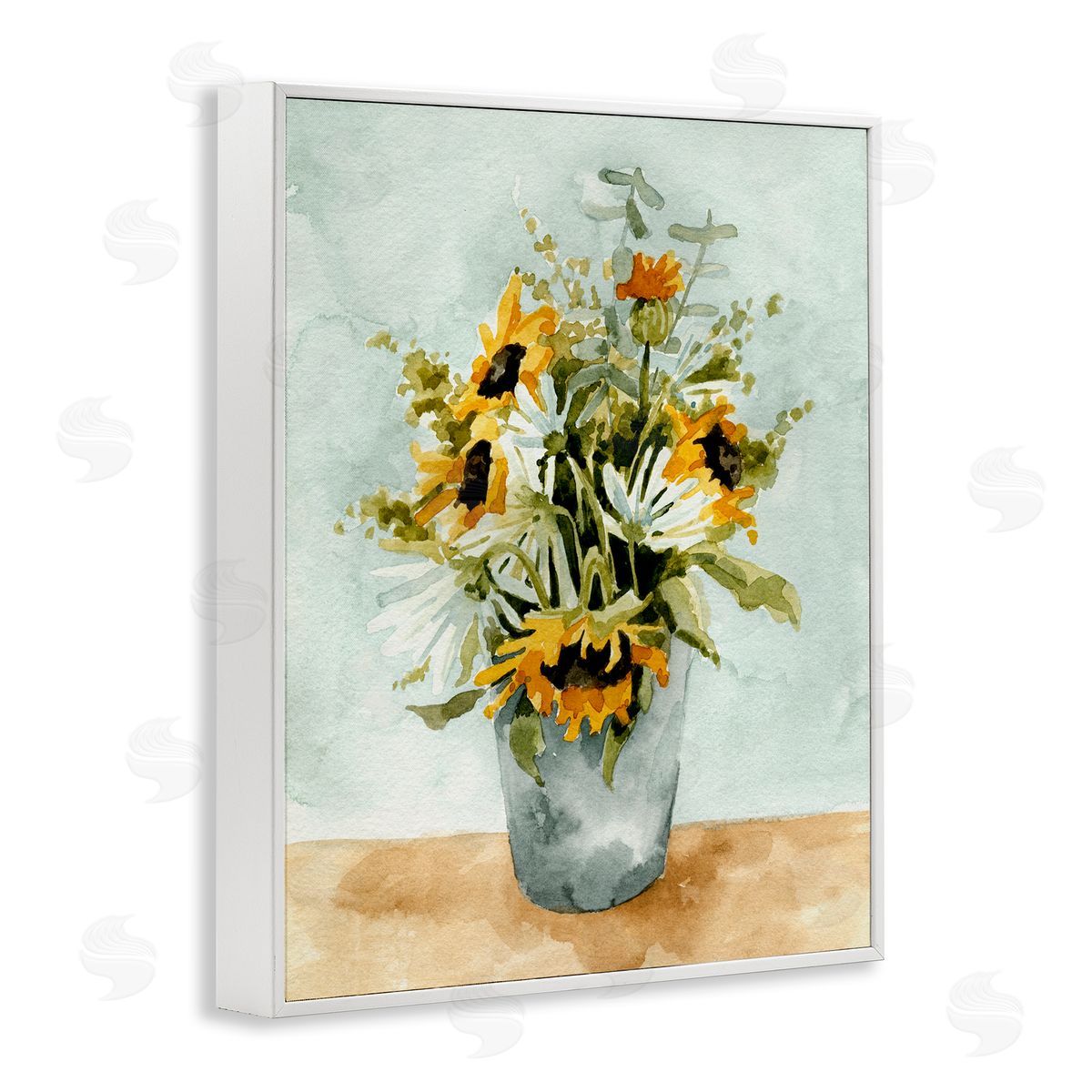 Sunflower Blossom Watercolor Detail White Frame Print Wall Art, Home Decor by Emma Caroline