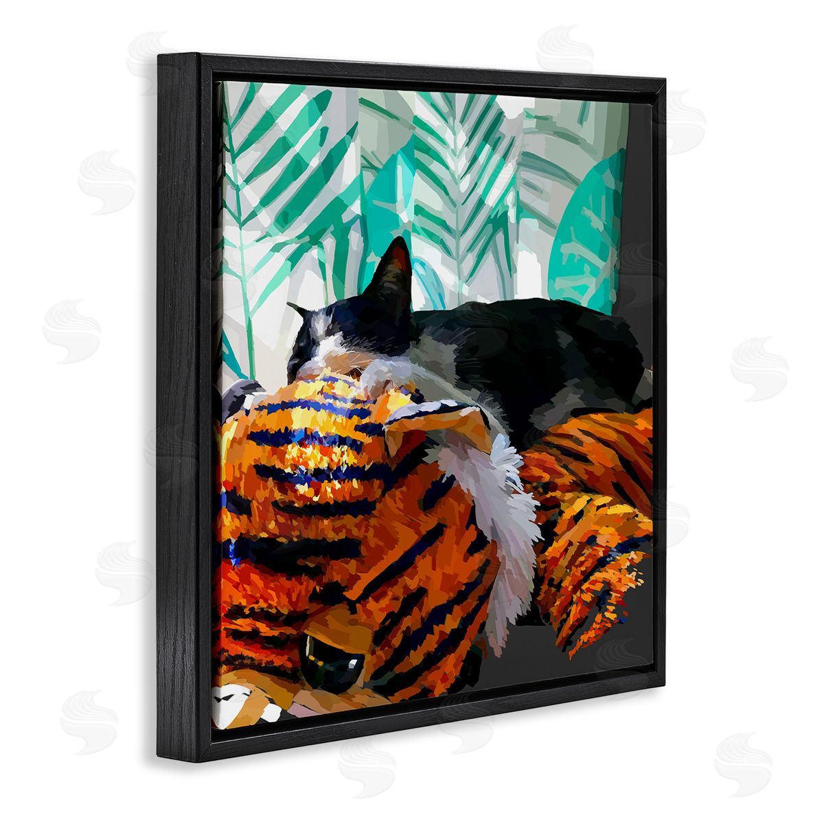 Emily Kalina Cuddling Cat Cozy Relaxing Pet  Black Floating Frame Canvas Wall Art Print