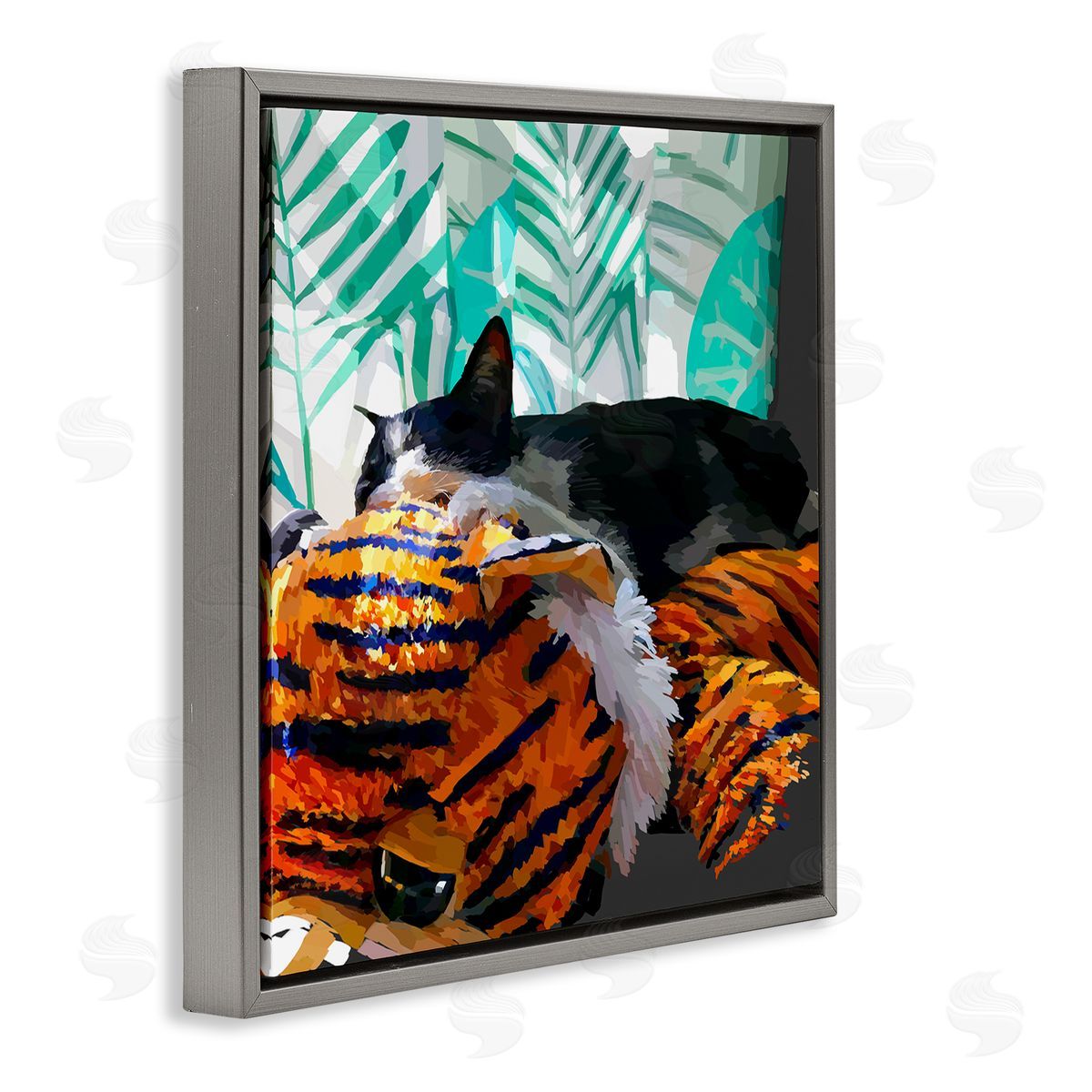 Emily Kalina Cuddling Cat Cozy Relaxing Pet  Gray Floating Frame Canvas Wall Art Print