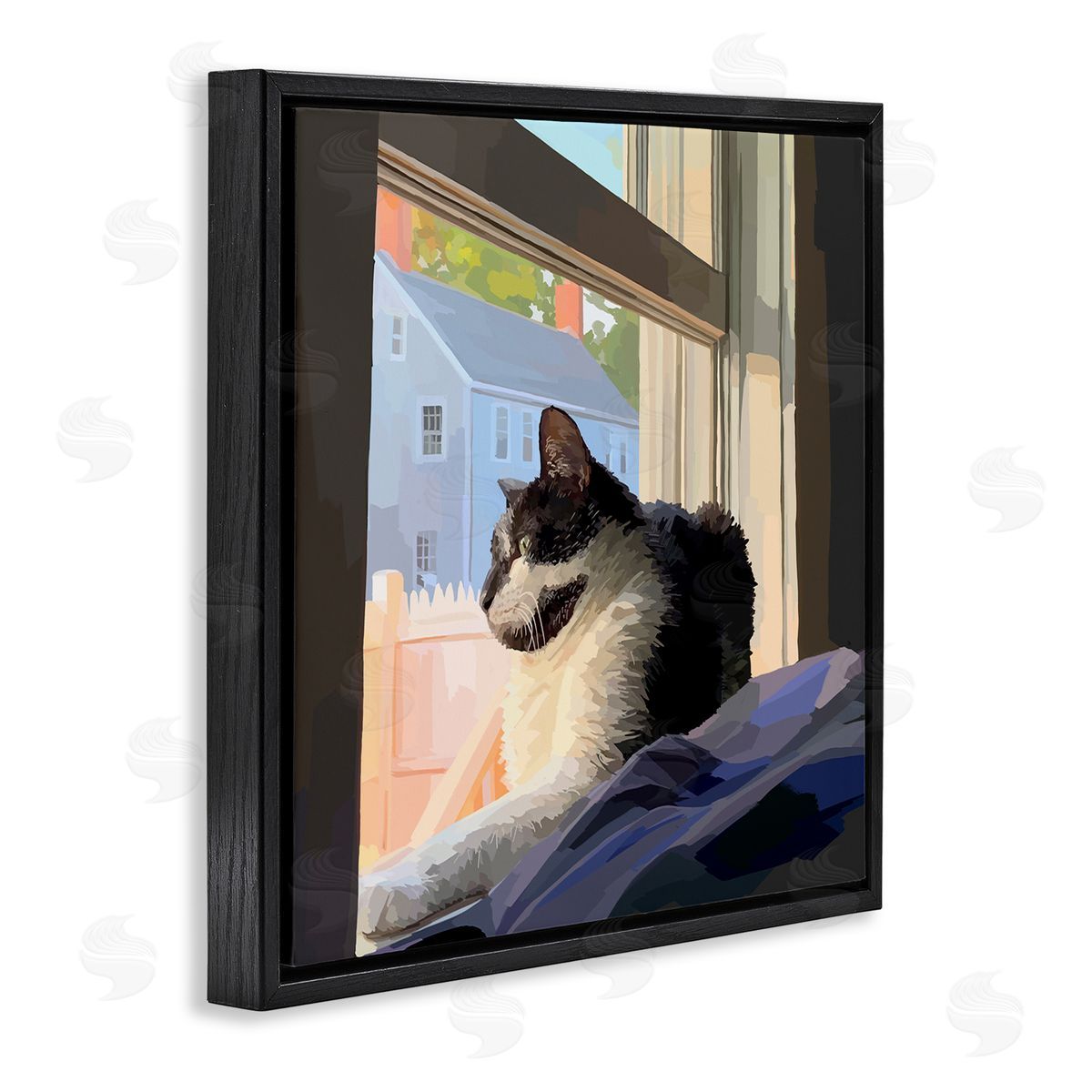 Emily Kalina Warm Sunlit Cat Neighborhood Windowsill Black Floating Frame Canvas Wall Art Print