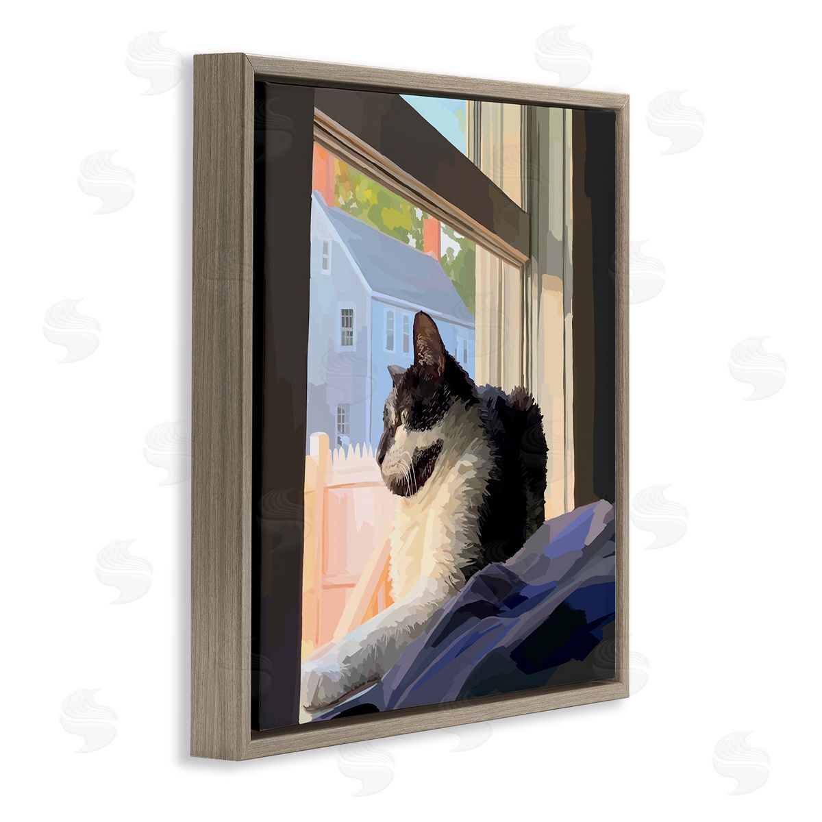 Emily Kalina Warm Sunlit Cat Neighborhood Windowsill Brown Floating Frame Canvas Wall Art Print