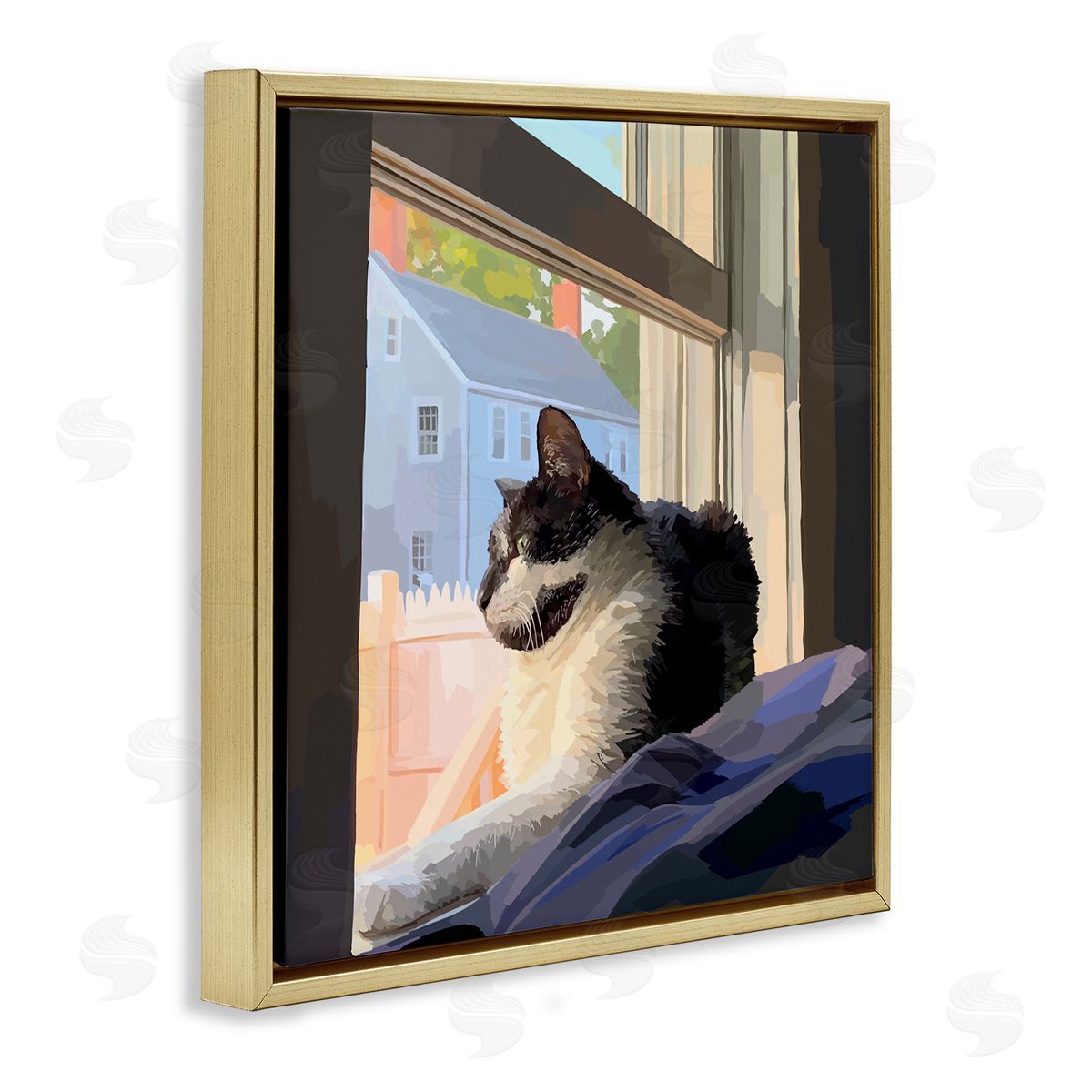 Emily Kalina Warm Sunlit Cat Neighborhood Windowsill Gold Floating Frame Canvas Wall Art Print